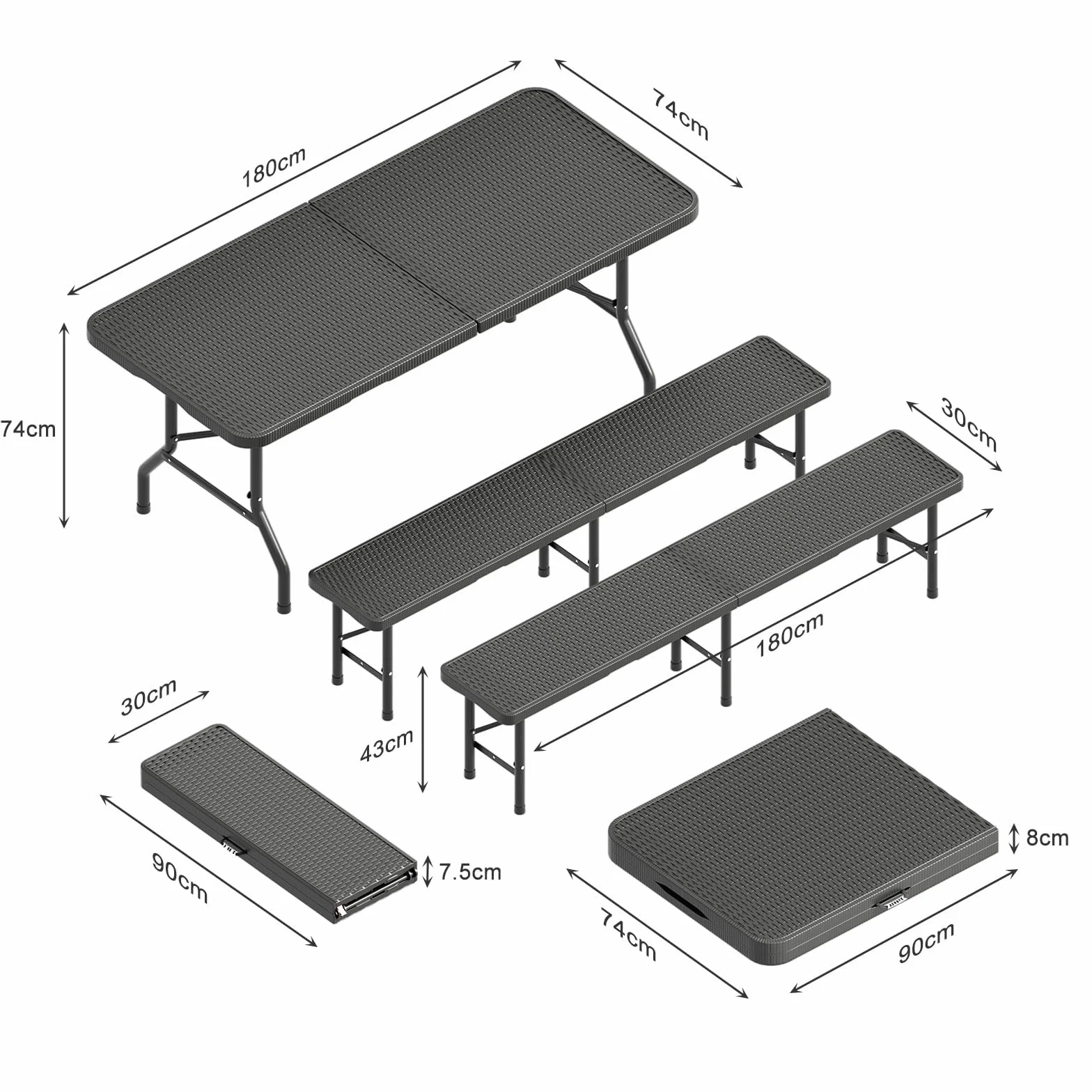 JUMMICO Tavolo Giardino e Sedie da Esterno Set Pieghevole Effetto Rattan HDPE 300kg