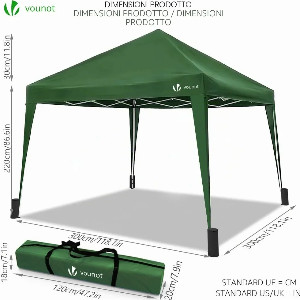 VOUNOT® Gazebo Pieghevole da Giardino 3x3 M Tenda Pop Up con 4 Sacchi di Sabbia e Sacca Trasporto Verde