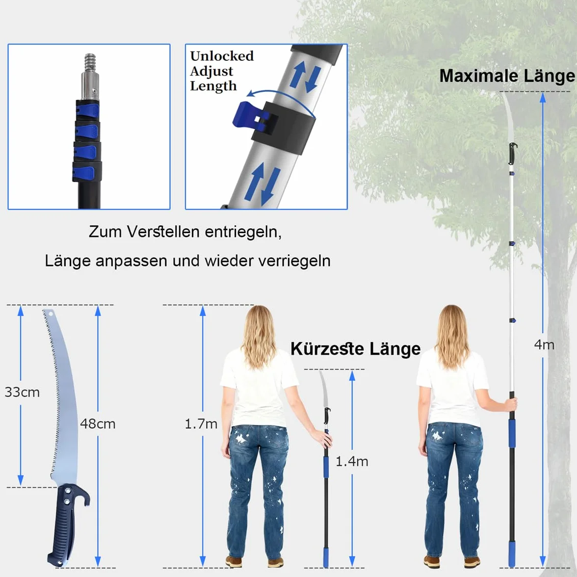 Seghetto da potatura, Bai You Mei Seghe potatura manuali telescopica 1,2-5 m giraffa da taglio con manico telescopico, sega per alberi e rami telescopici, sega a mano asta telescopica per svettatoio