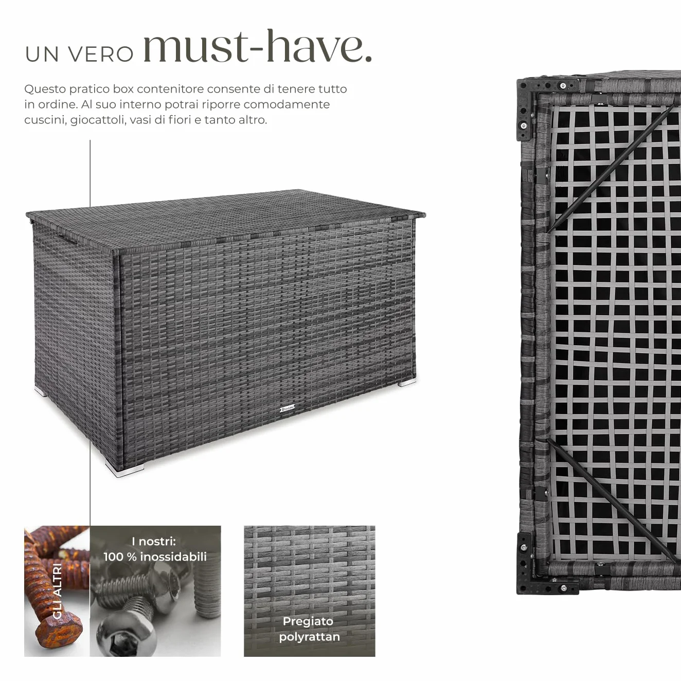 tectake Box Contenitore da Esterno 750L, Mobile da Giardino in Polyrattan e Alluminio, 145 x 82,5 x 79,5 cm - Grigio