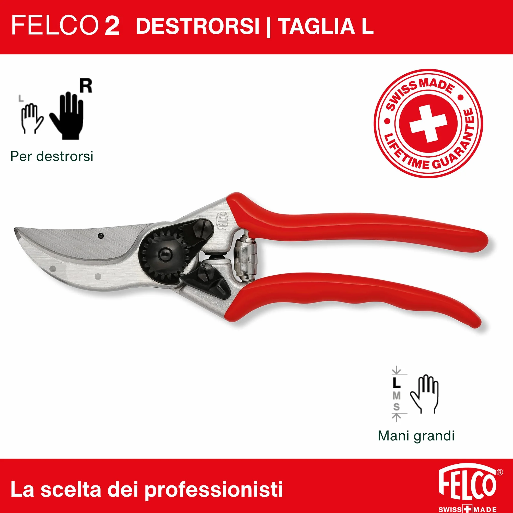 FELCO 2 Cesoia da Potatura Bypass, Mano Destra, Mano Grande, Capacità di Taglio 25mm, Lama in Acciaio Temprato, Manico in Alluminio Forgiato, Made in Switzerland, Garanzia a Vita