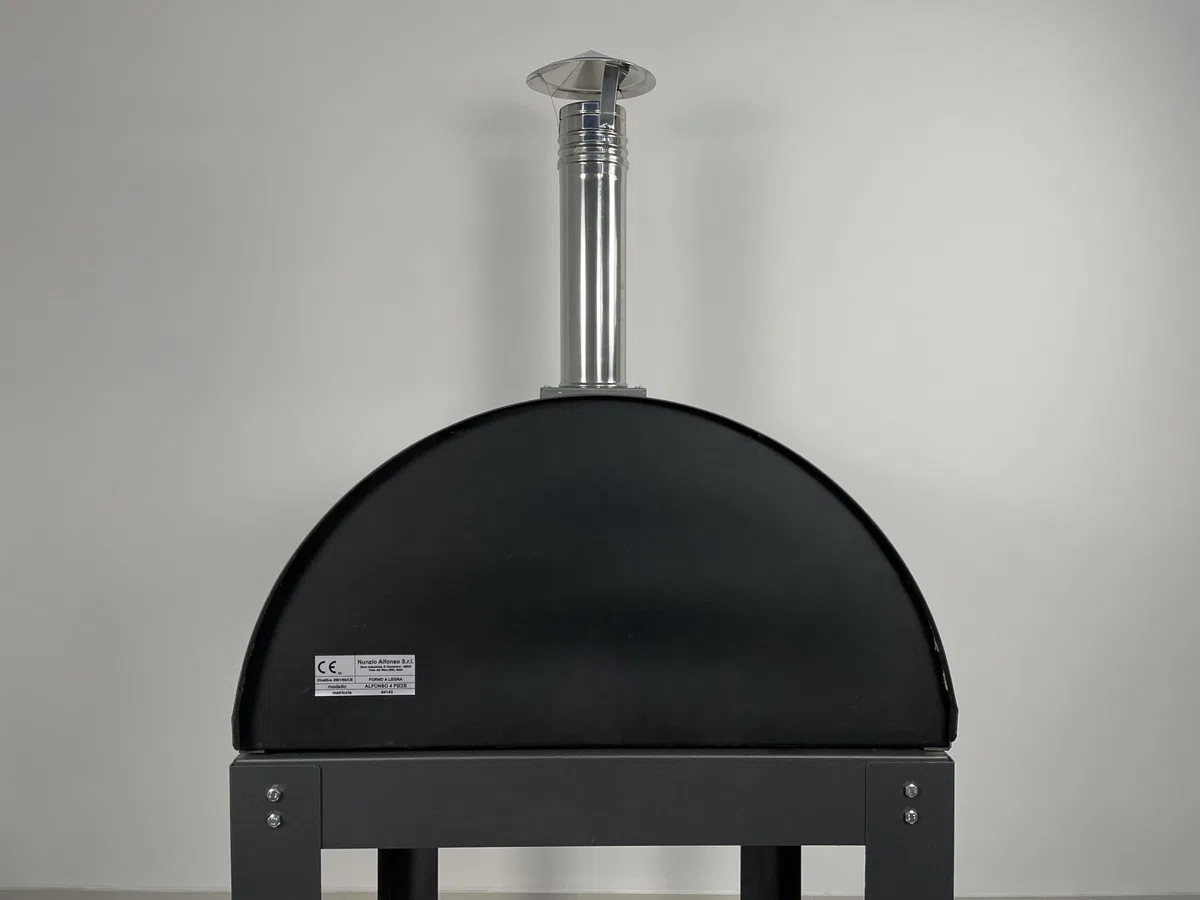 Forno a legna da esterno Alfonso 4 pizze con carrello, mattoni refrattari 3 cm, pirometro 500°C, acciaio inox - Made in Italy