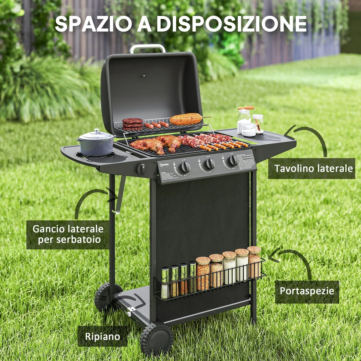 Outsunny Barbecue a Gas 4 Bruciatori 9.5kW con Coperchio Termometro Ruote Nero