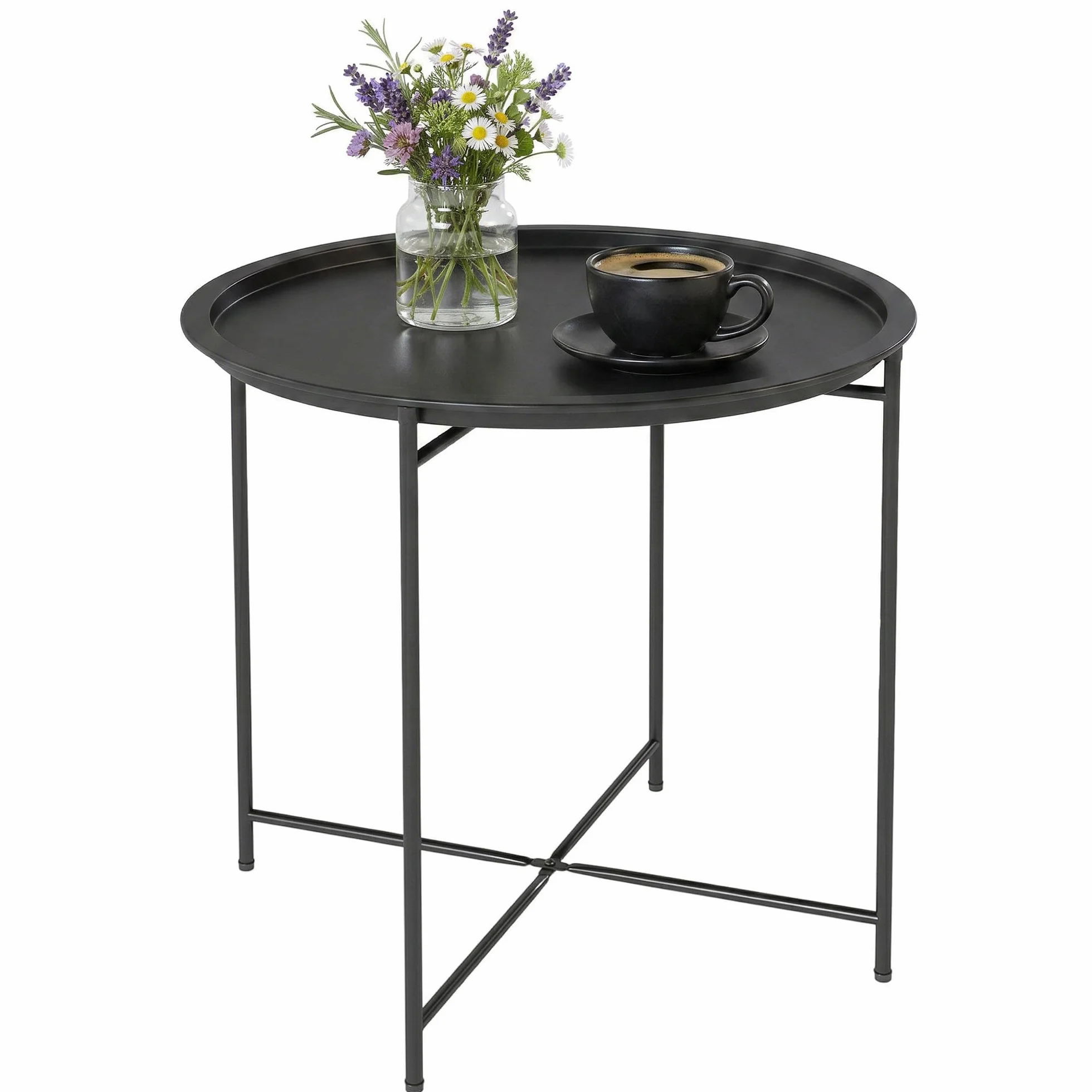 Outsunny Tavolo da Giardino Rotondo in Acciaio Ø46 cm con Vassoio Rimovibile e Gambe Pieghevoli Nero