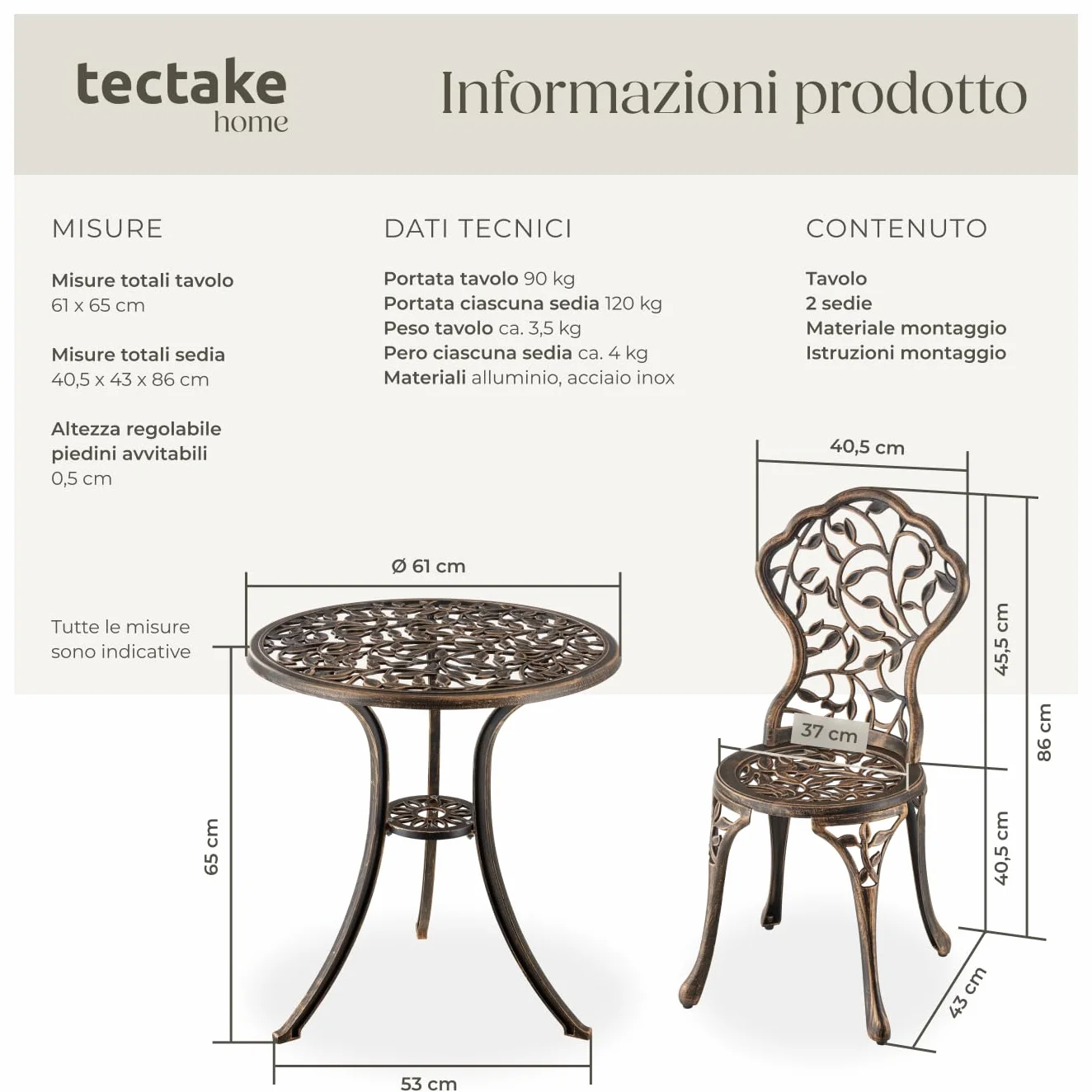 Tectake Bistrot Set per 2 Persone, Tavolo e Sedie da Giardino in Alluminio, Motivo Foglia Vintage