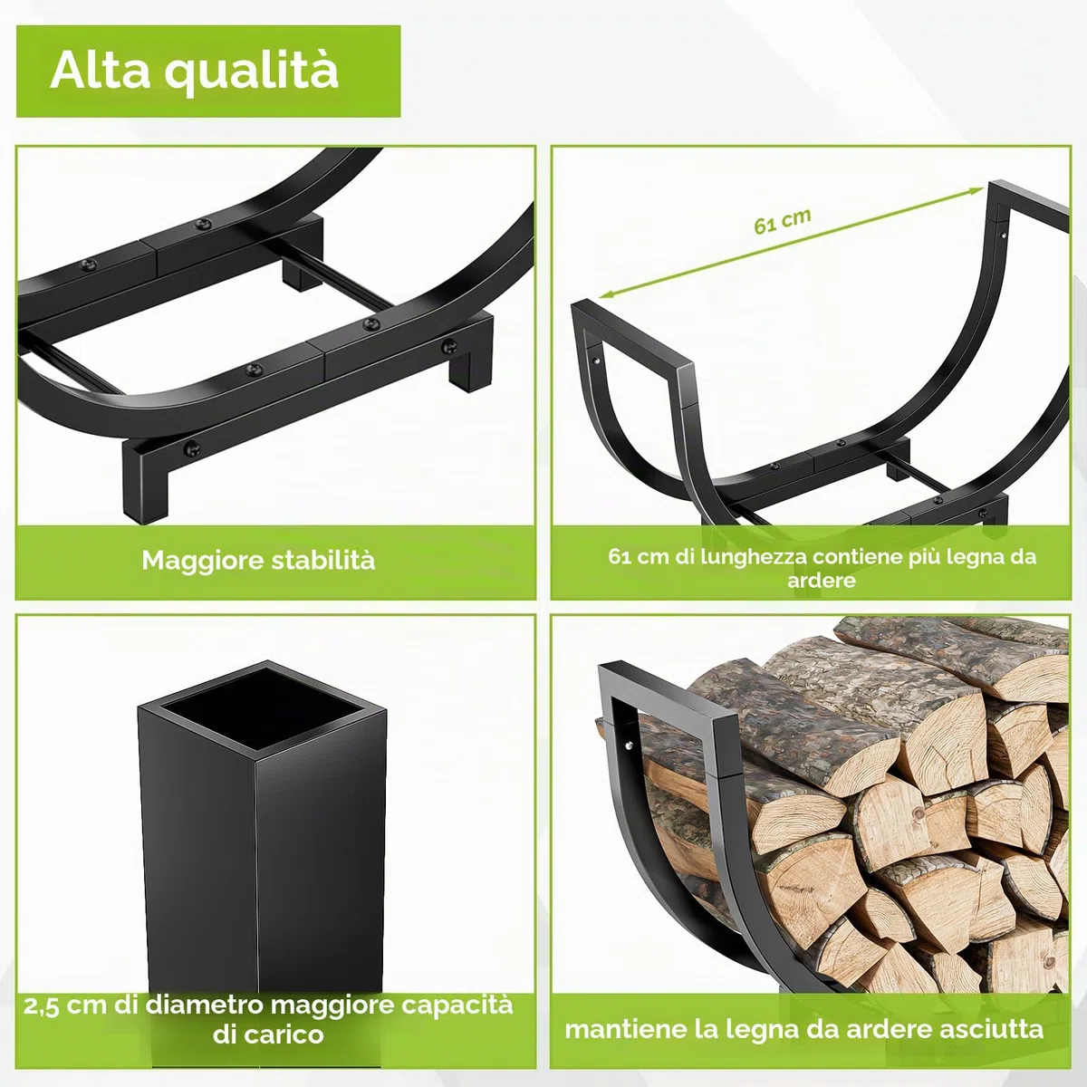 Portalegna Antigraffio Metallo Rinforzato 180lbs 61.5x33.5x20.6cm Nero per Camino