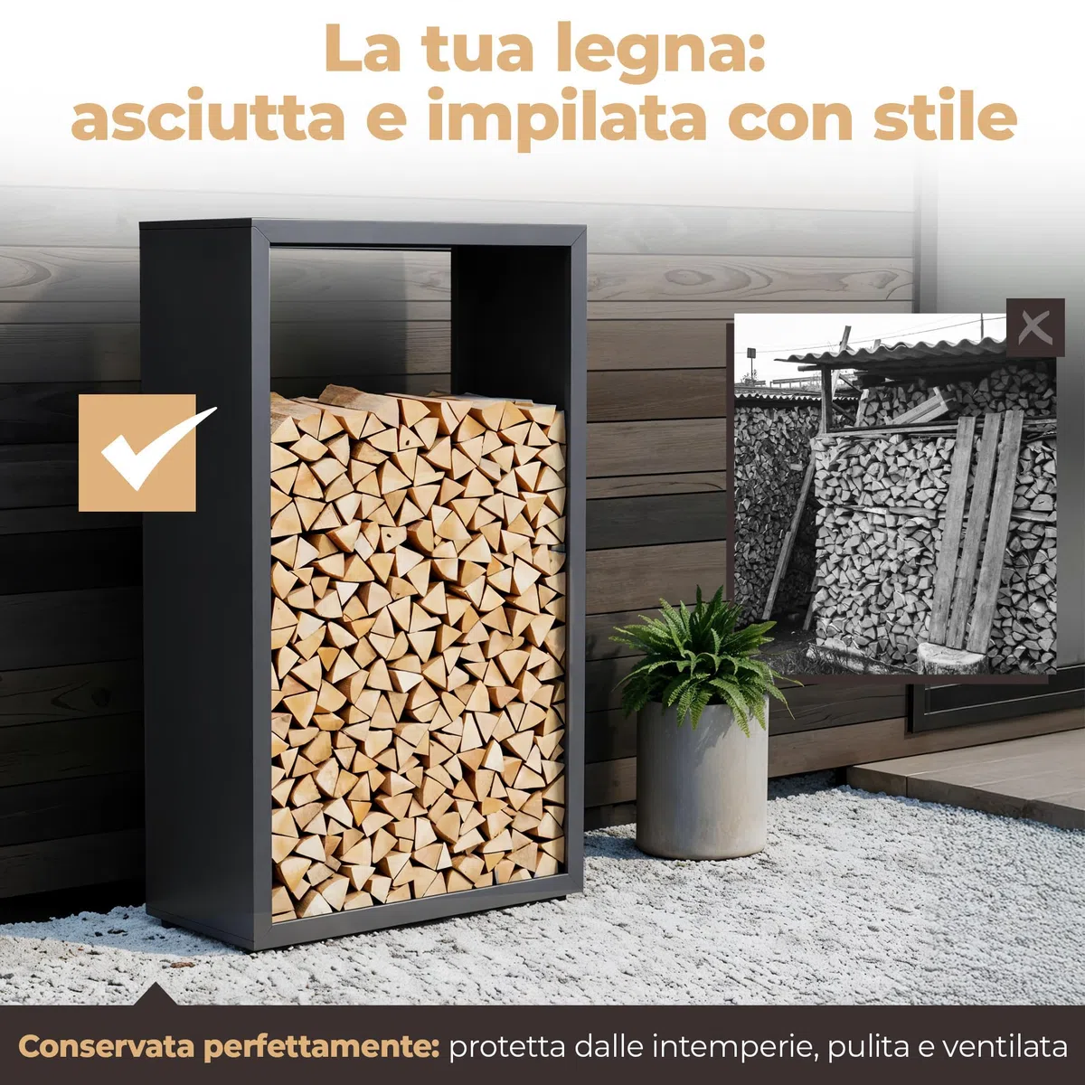 Scaffale per legna da ardere in metallo RAL 7016 per esterni e interni resistente alle intemperie