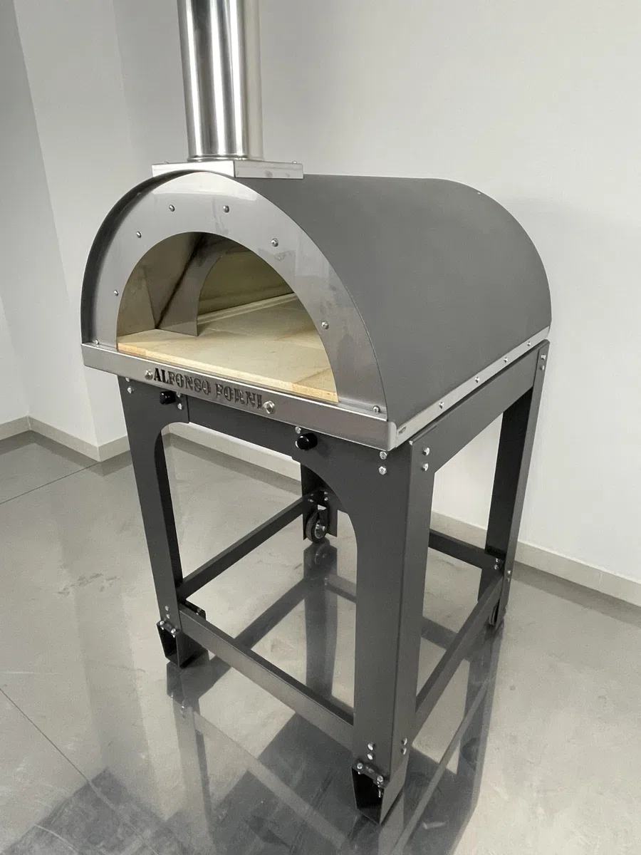 Forno a legna da esterno Alfonso 4 pizze con carrello, mattoni refrattari 3 cm, pirometro 500°C, acciaio inox - Made in Italy