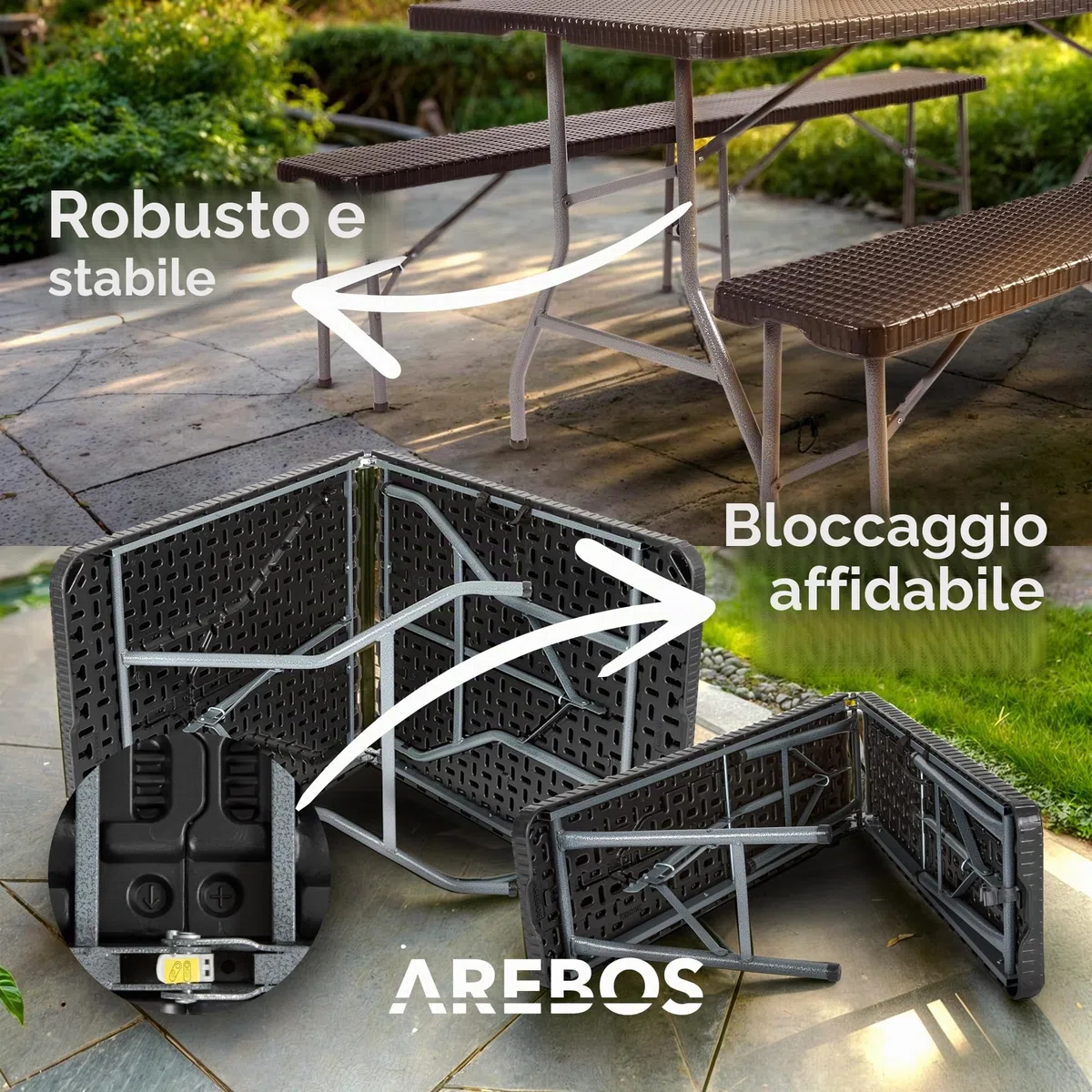 AREBOS Set tavolo pieghevole da campeggio con 2 panche | Set tavolo da giardino effetto rattan per 8 persone | Resistente UV e intemperie | Struttura in acciaio stabile | Facile da trasportare
