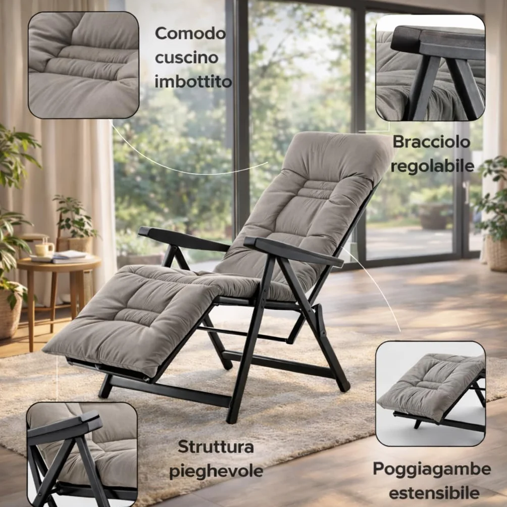 Sdraio Reclinabile Imbottita 154x60x65 cm 6 Posizioni Prolunga Estendibile Braccioli Ergonomici Struttura Acciaio Grigio Made in Italy