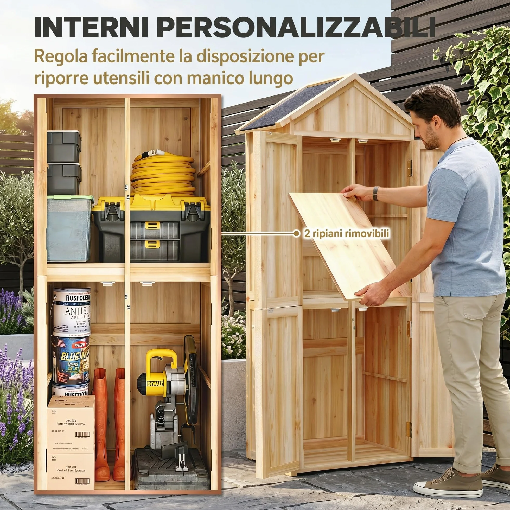 Outsunny Armadio da Giardino in Legno di Abete con Kit Antiribaltamento Casetta Porta Attrezzi da Esterno con Ripiani Rimovibili 4 Ante Bloccabili Tetto in Asfalto Inclinato 82x50x190 cm Color Legno