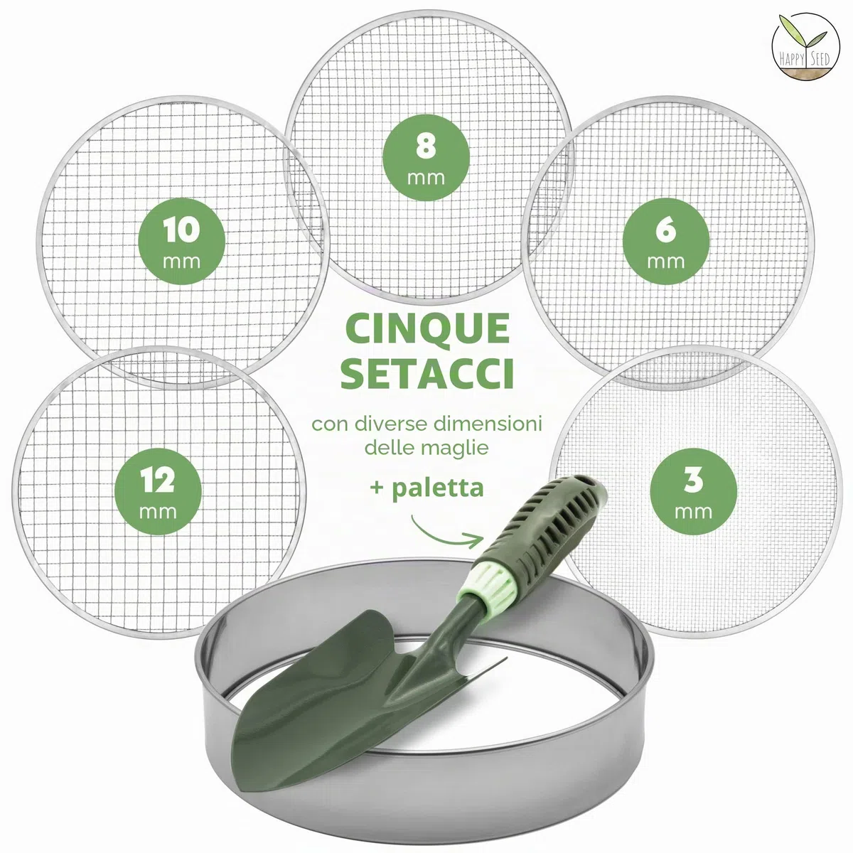 Setaccio da giardino rotondo 30 cm acciaio inox 5 inserti intercambiabili paletta inclusa