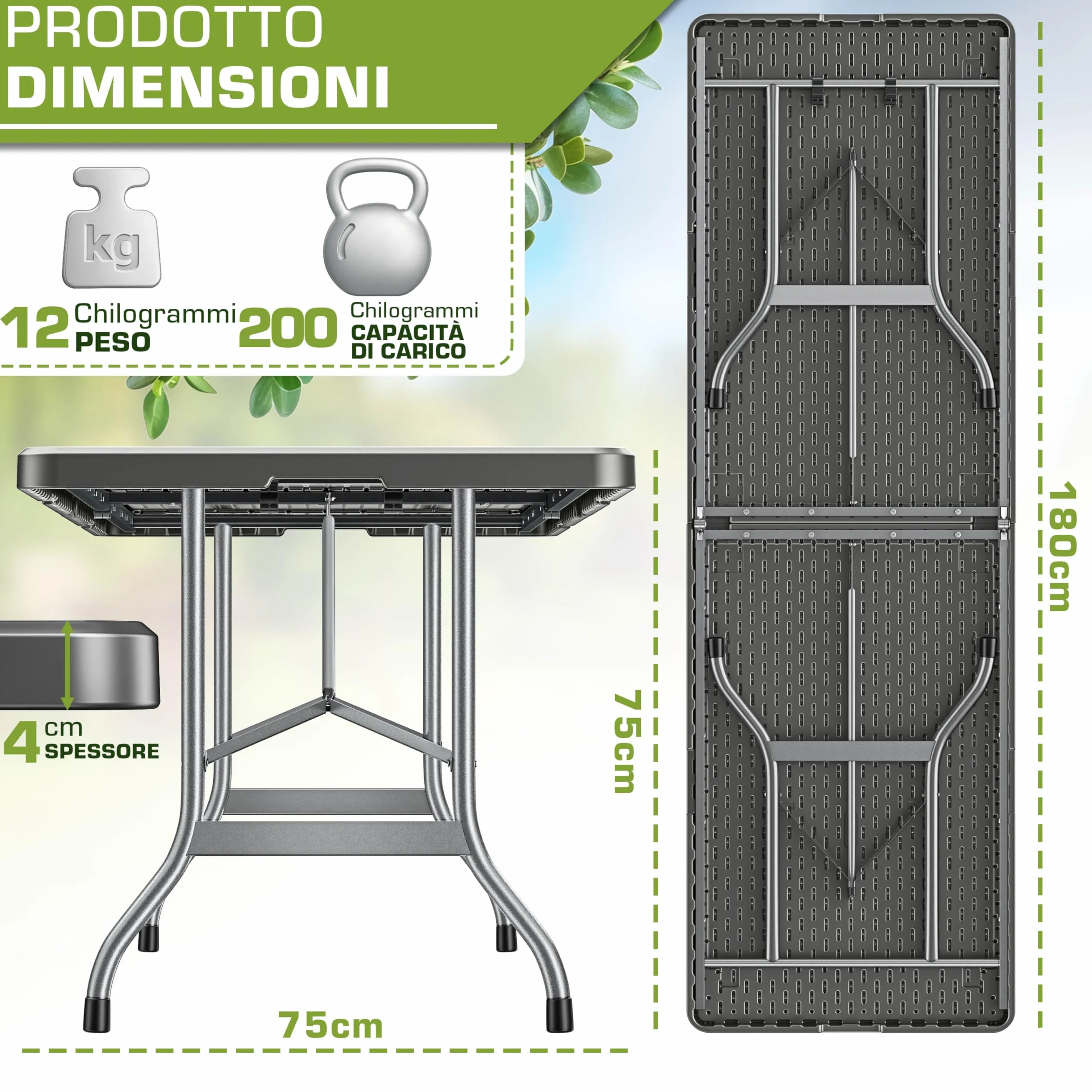 tillvex Tavolo da giardino pieghevole 180x75cm plastica