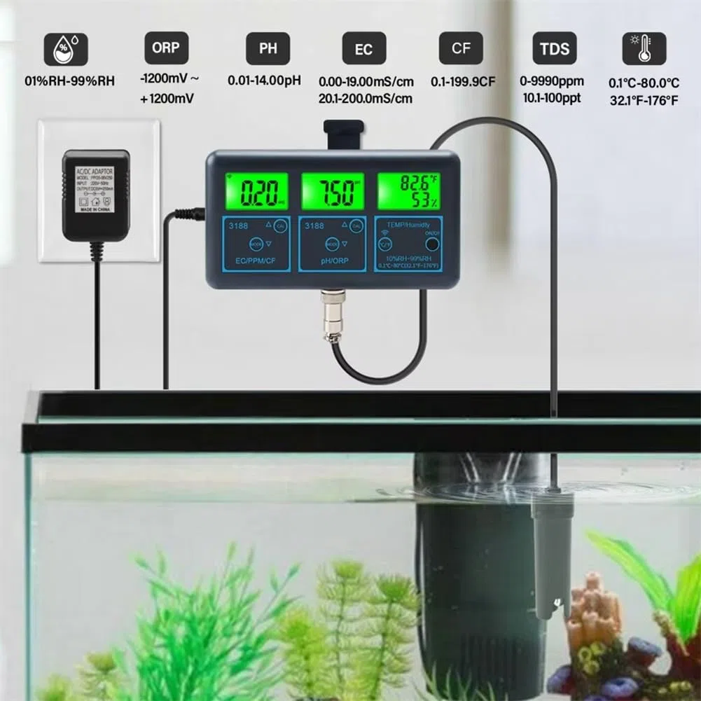 Breeshy Tuya WiFi 7 In1 Tester di Qualità 'Acqua Analizzatore di Acqua Multi-Parametro PH/ORP/EC/PPM//Umidità/Temperatura Monitor Metro Spina EU