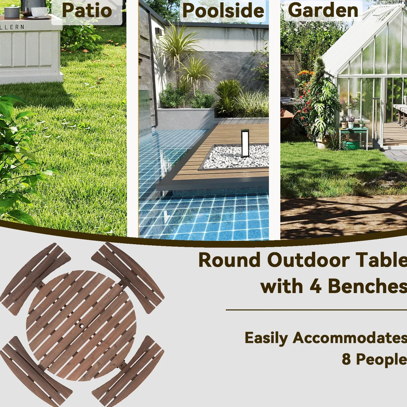 GIANTEX Set da Giardino in Legno di Abete 8 Persone Tavolo con Sedie Integrato Foro Ombrellone 178x70 cm