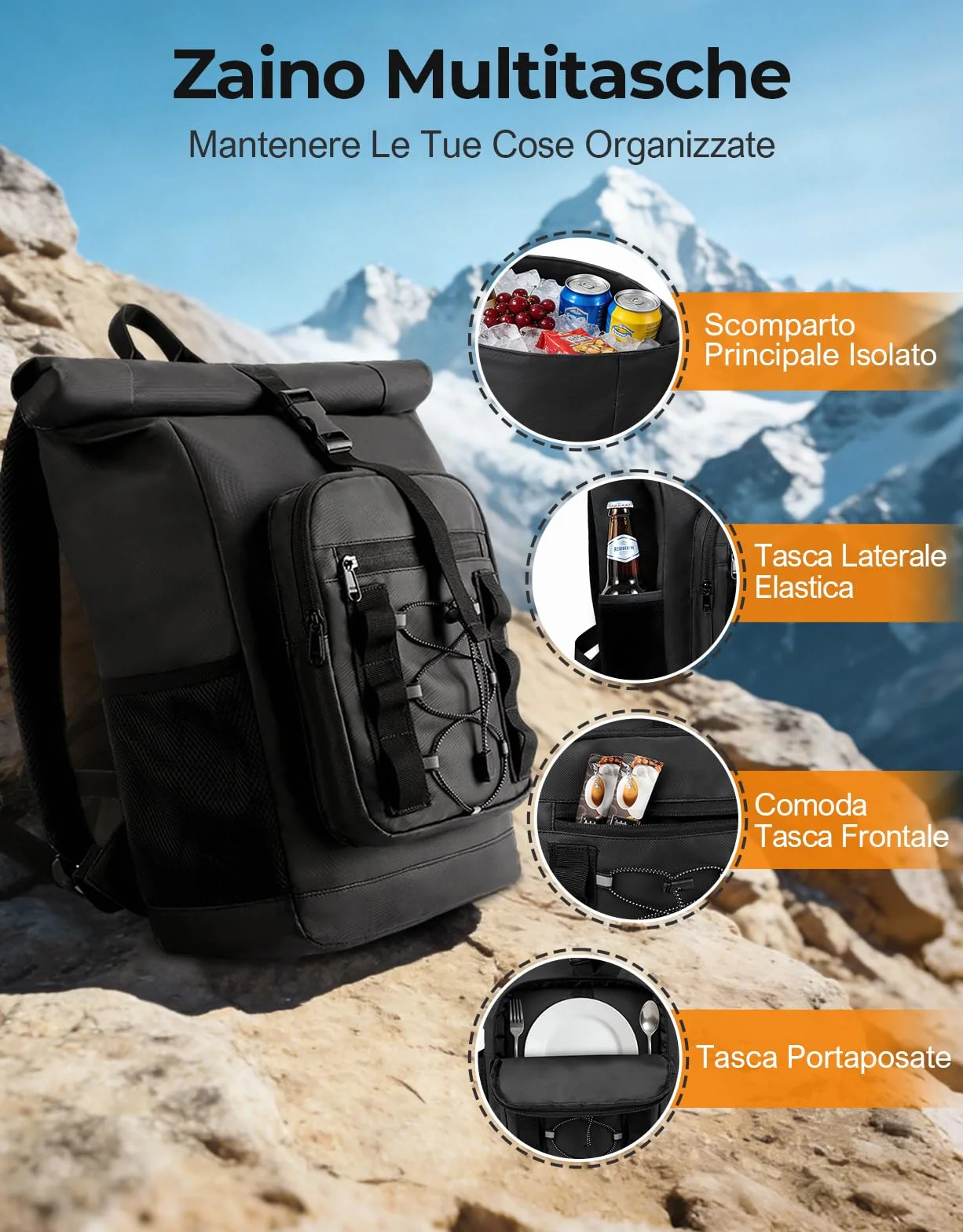 ISEYOU Zaino Termico Rolltop 24L Impermeabile Borsa Termica Porta Pranzo per Picnic BBQ Campeggio