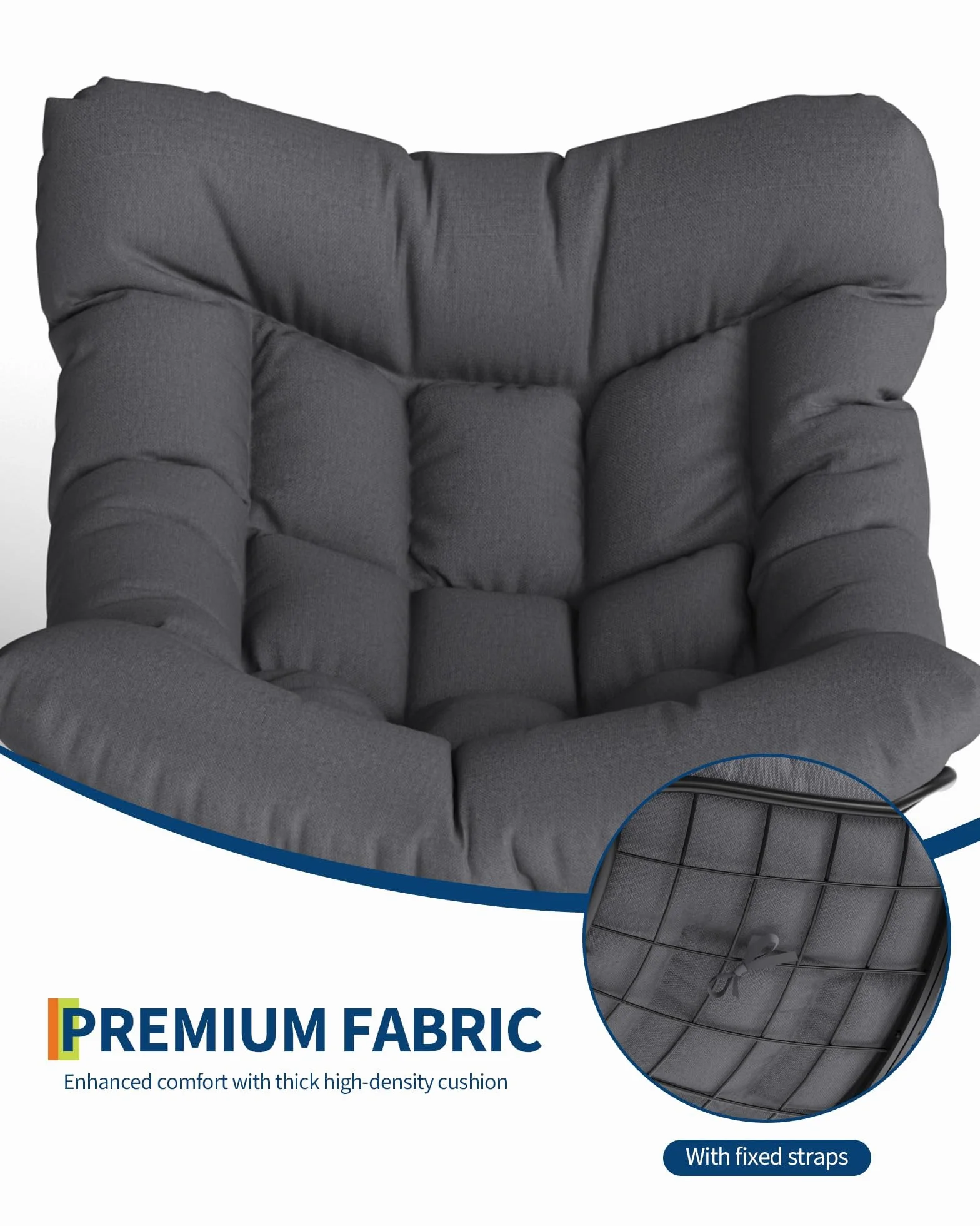 Sedia a dondolo esterno oversize forma uovo poggiapiedi - Seduta ergonomica tessuto grigio imbottitura spessa, struttura in metallo resistente alle intemperie, moderna sedia giardino giardino