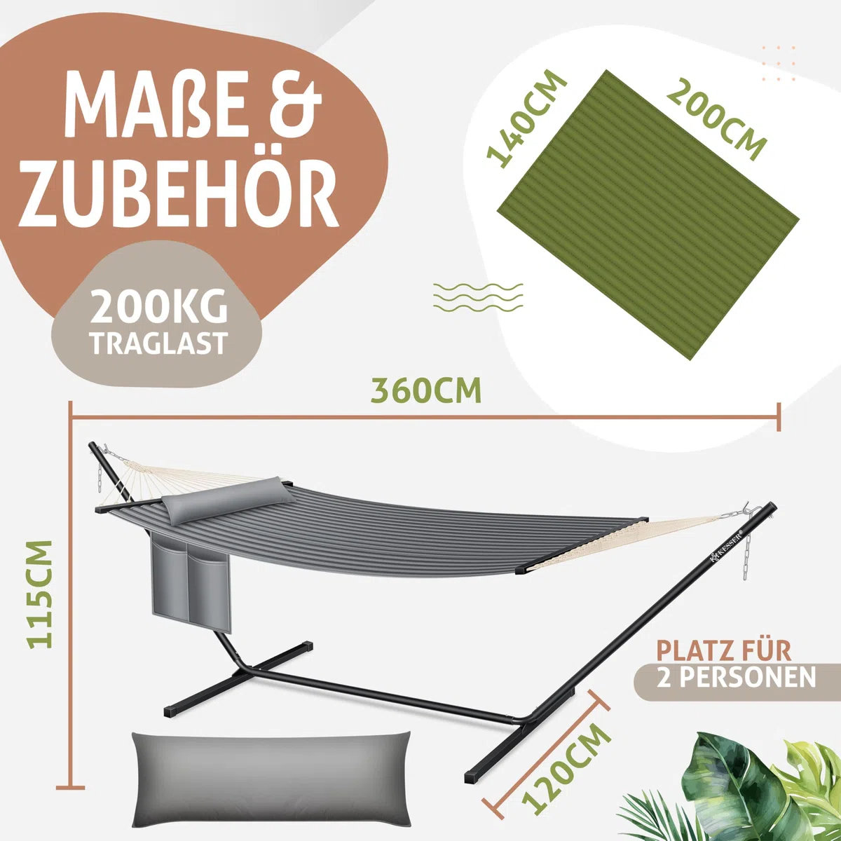 KESSER® Amaca con telaio e cuscino, Amaca doppia per 2 Persone, Portata 200 kg, Interno ed esterno, XXL, Sedia sospesa, Giardino, Piscina, Balcone, Terrazza - Grigio