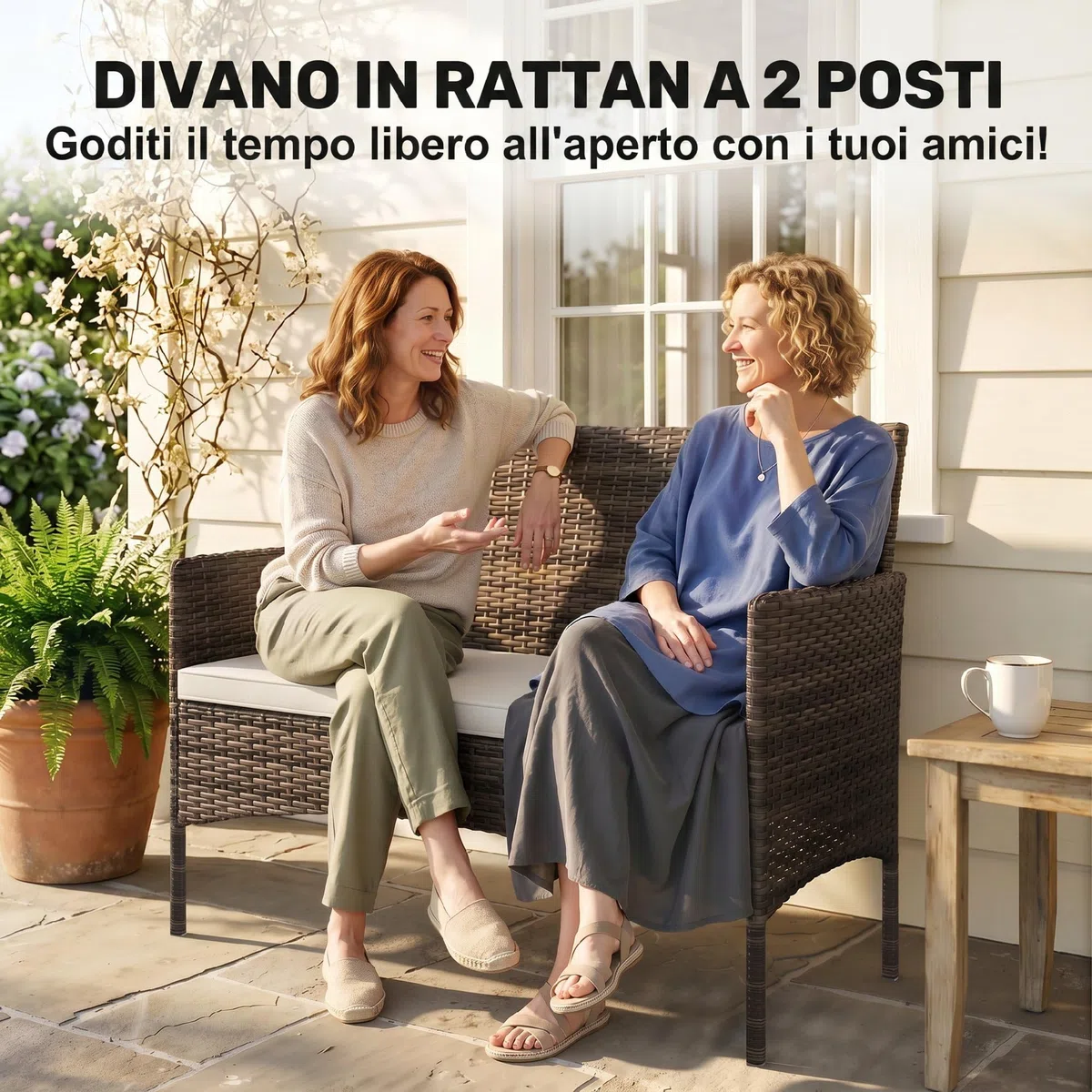 Outsunny Divano da Giardino in Rattan, 2 Posti, Divano da Esterno in PE Wicker con Cuscini e Tappetini Antiscivolo, Struttura in Acciaio per Balcone, Veranda, Giardino, Beige