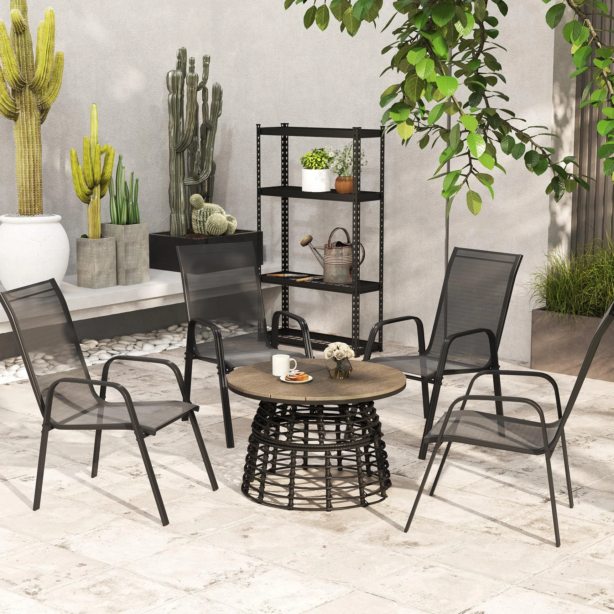 Outsunny Set 4 Sedie da Giardino Impilabili con Braccioli in Metallo e Texteline Impermeabile, 54x75.5x95cm, Nero