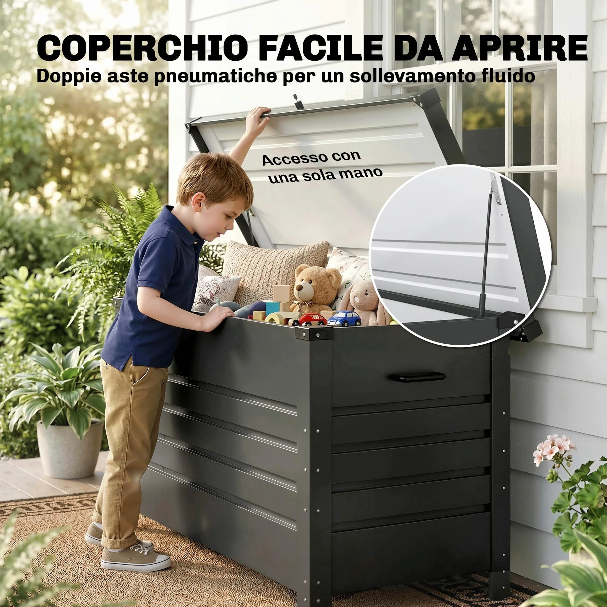 Outsunny Baule da Esterno 350L Acciaio Rinforzato con Coperchio Bloccabile, Pistoni a Gas, Ruote, Grigio