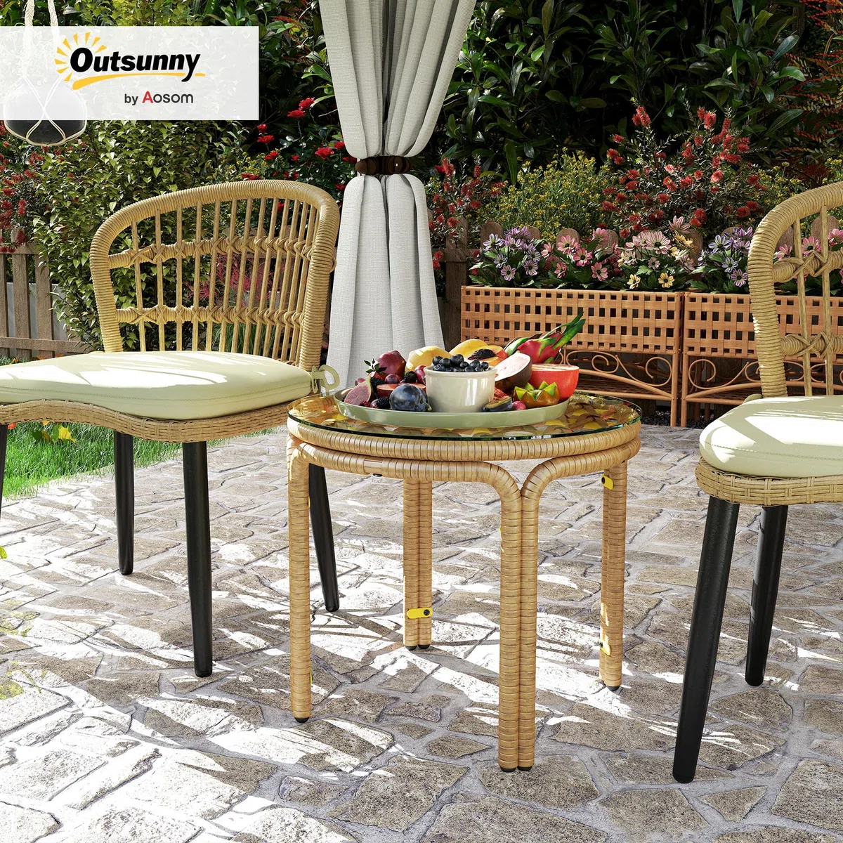 Outsunny Tavolino da Giardino in Rattan e Vetro, Tavolo da Caffè Rotondo Ø50x44 cm, Giallo