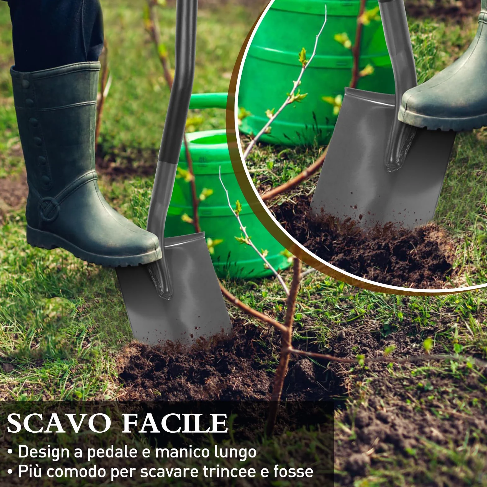 HYCHIKA Pala da Giardino Circolare, Vanga da Giardinaggi, Pala da Scavo, Acciaio Temprato di Alta Qualità, Manico Ergonomico Impugnatura a D, per Piante, Agricola, Diserbo, Spalatura Neve