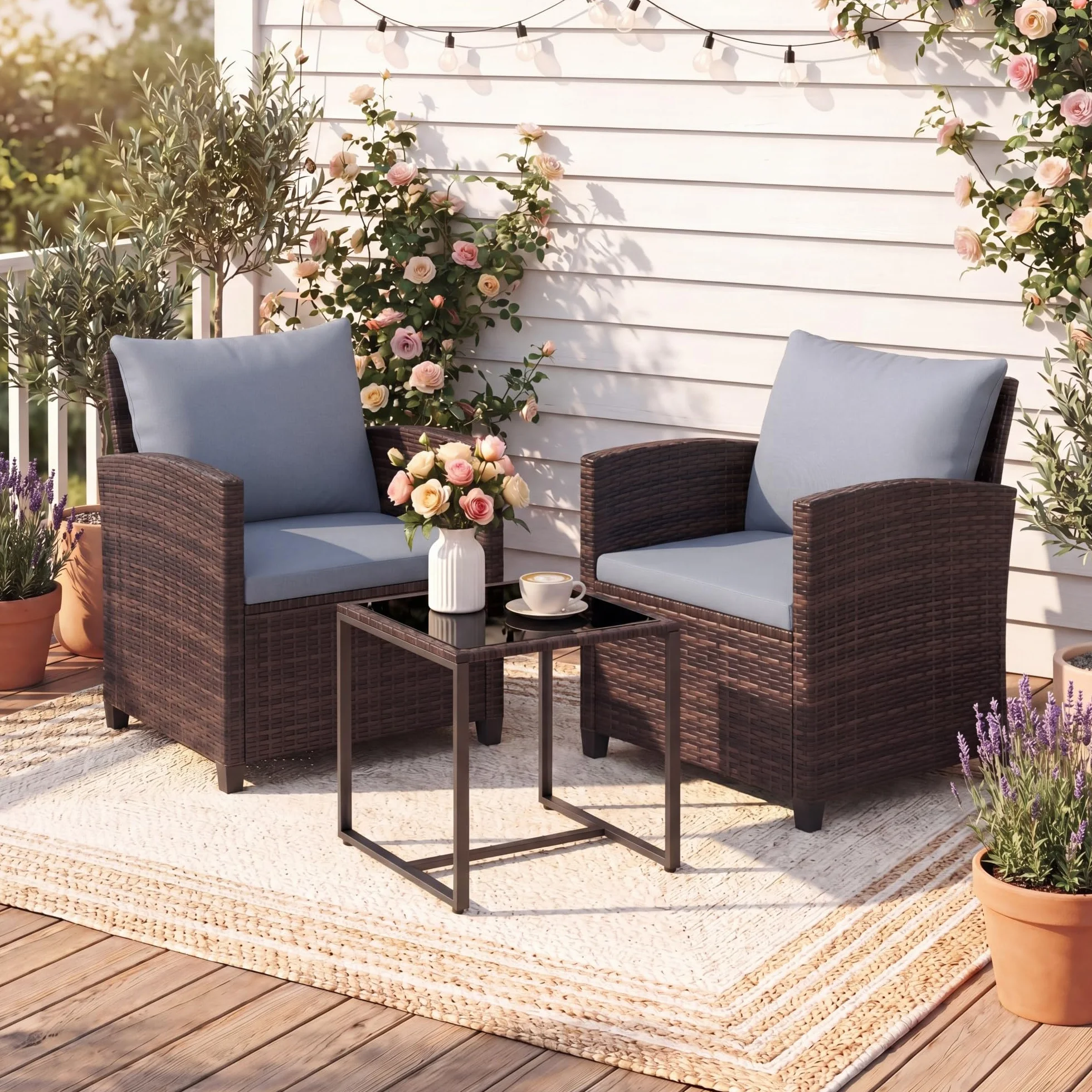 GIANTEX Set da Giardino 3 Pezzi, Salotto Esterno 2 Poltrone con Cuscini + Tavolino in Vetro, Marrone+Grigio