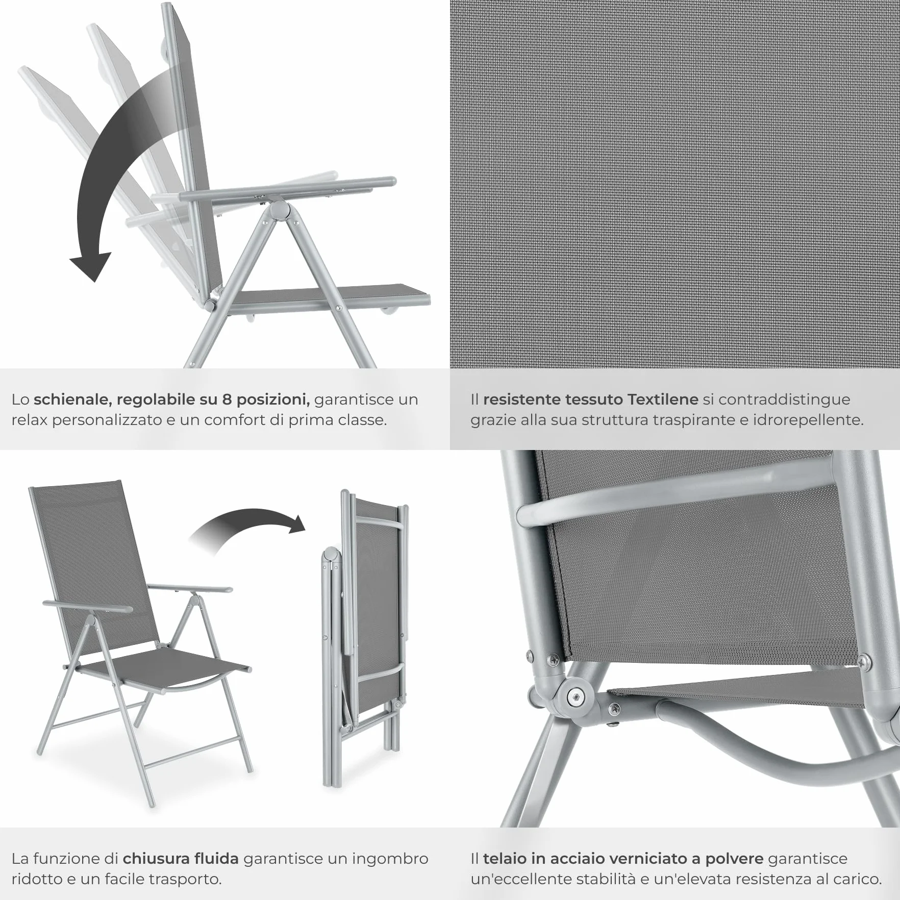 Set da 2 Sedie da Giardino in Alluminio Pieghevoli Schienale Regolabile 7 Posizioni 67x56x105cm Carico Max 110kg Grigio Argento