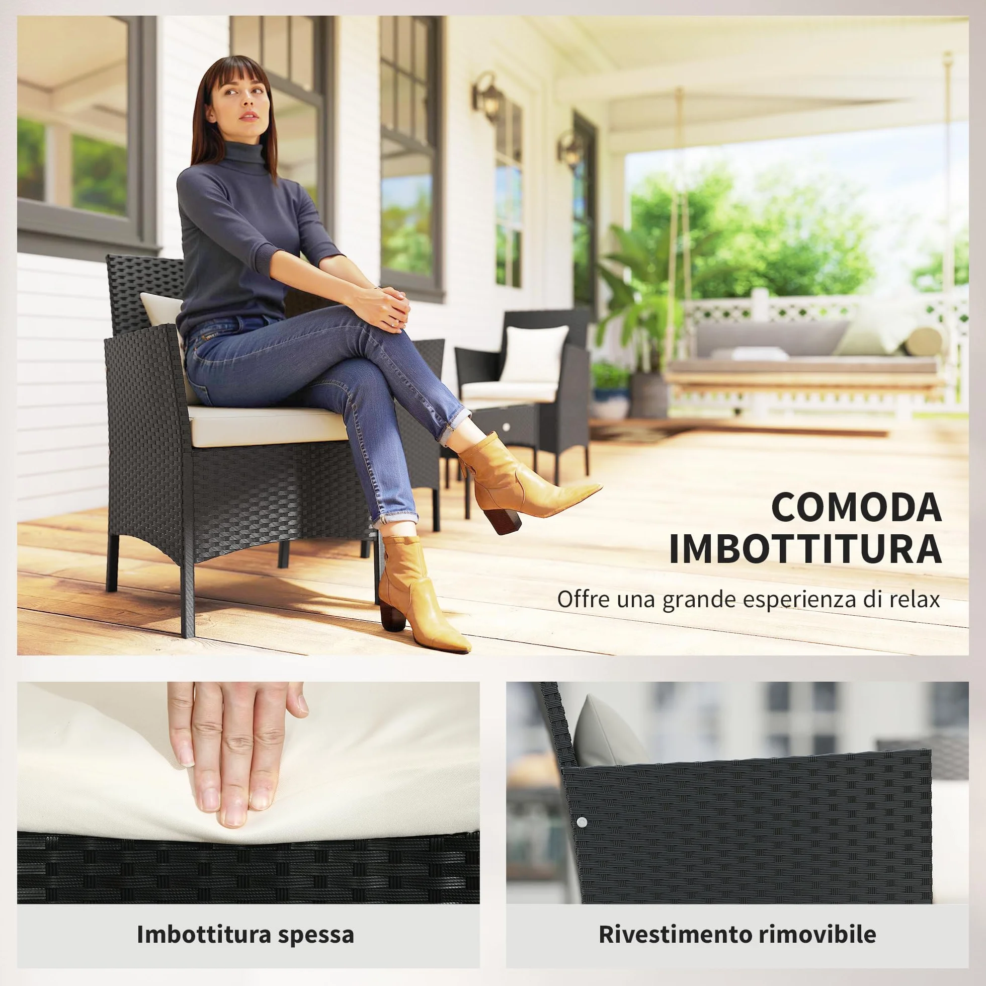 Outsunny Set da Giardino 4 Pezzi in Rattan con Sedie e Tavolino, Nero e Crema