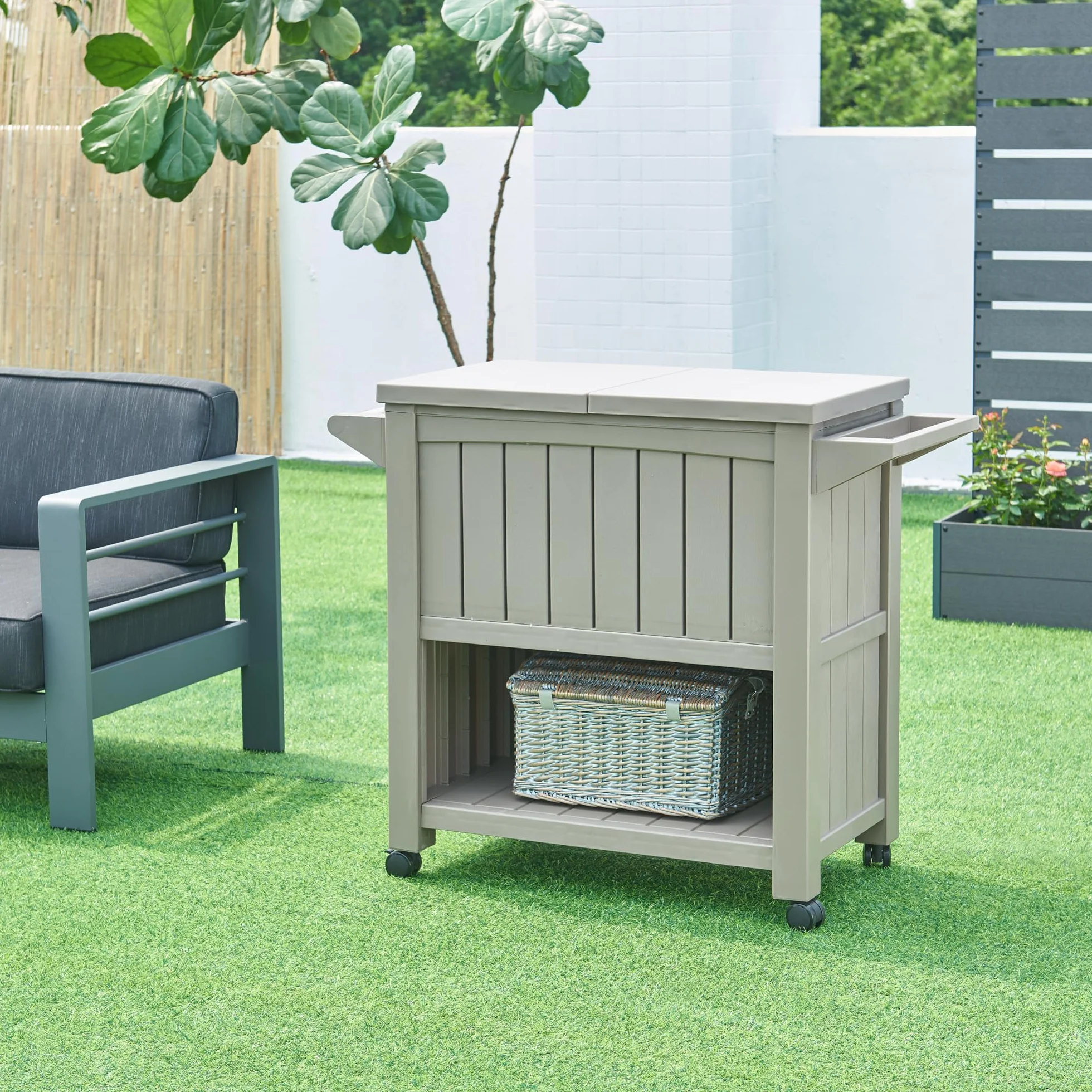 Casa.pro Carrello Portavivande Termico Giardino 80L Apertura Ribalta Apribottiglie Rotelle Bloccabili 102x47x87 cm Beige