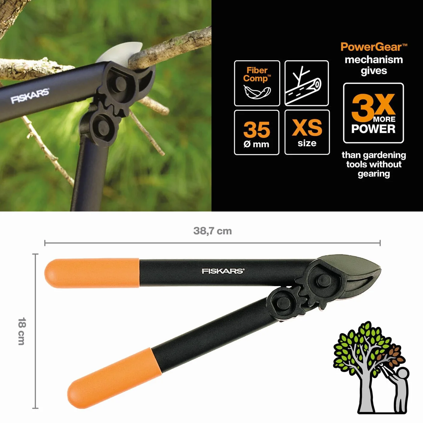 Fiskars Troncarami a Incudine per Legno Secco e Duro, PowerGear II, Lame Acciaio Temprato Antiaderente, 39 cm, Nero/Arancione