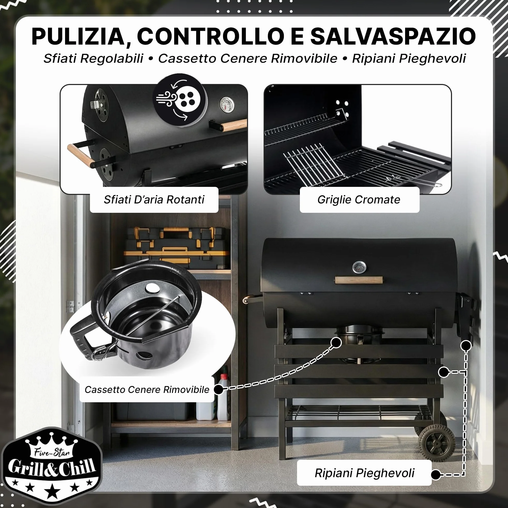 Grill & Chill Barbecue a Carbone 71×35 cm Coperchio con Termometro Acciaio Nero