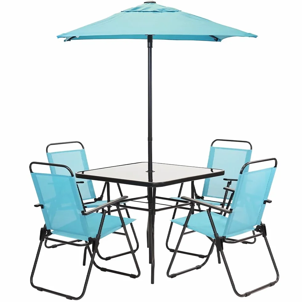 Shally Dogan Set da Pranzo Giardino 6 Pezzi con Ombrellone, 4 Sedie Pieghevoli, Tavolo Vetro Temperato, UV Resistente, Arredamento Esterno