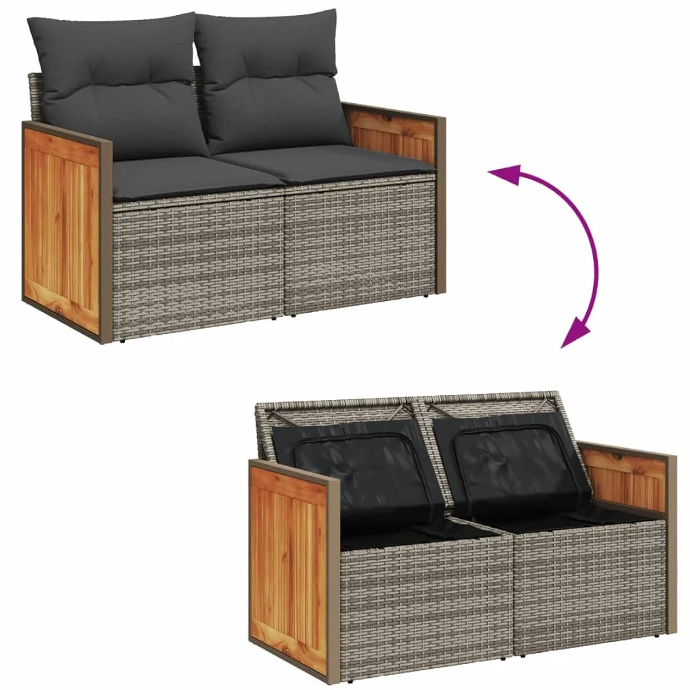 IKAYAA Divanetto da Esterno 2 Posti con Contenitore Divano da Giardino Salotto da Giardino in Polyrattan con Cuscini per Seduta e Schienale-Grigio-con Contenitore