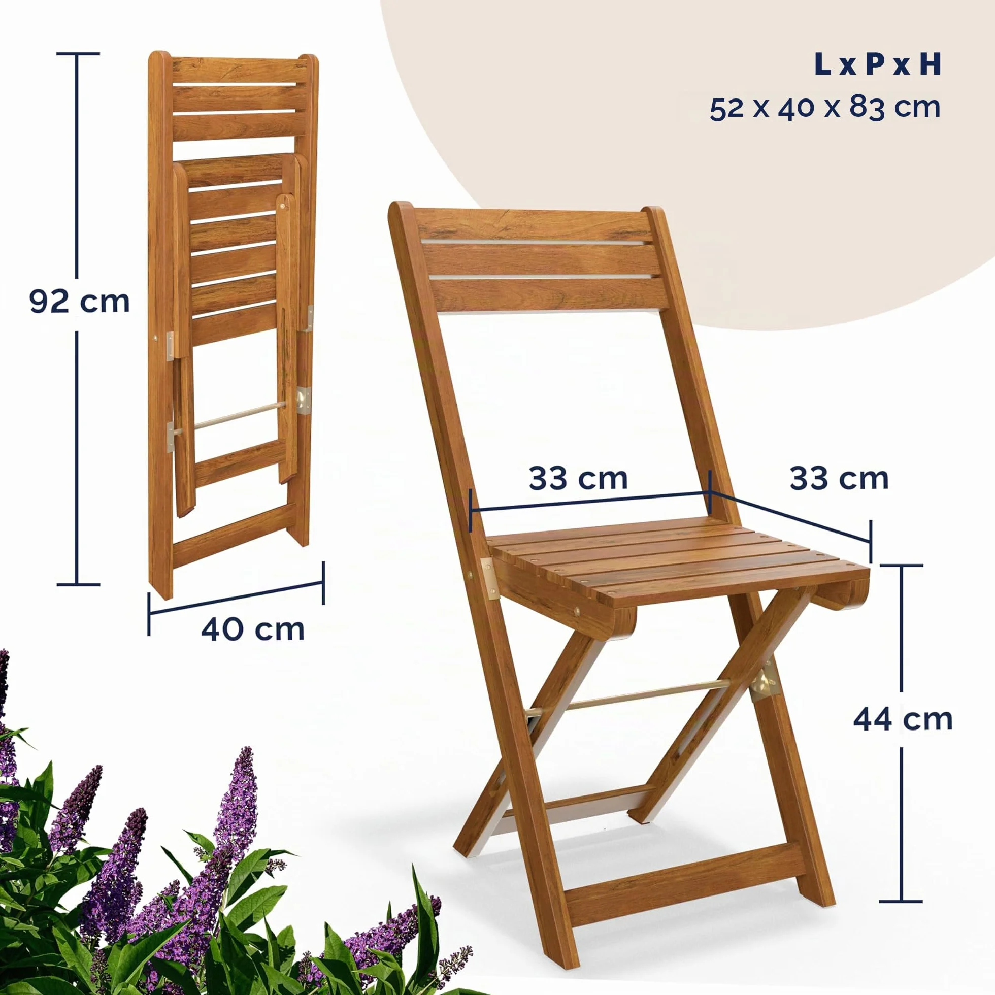 Casaria Set da Balcone Tavolo e 2 Sedie in Legno di Acacia Pieghevole 3 Pezzi