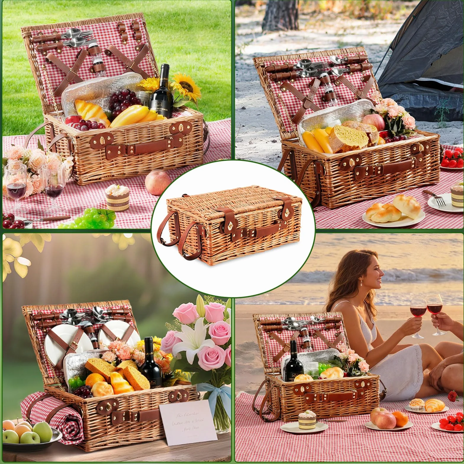 Set di cestini da picnic per 4 persone con scomparto refrigerante e coperta impermeabile