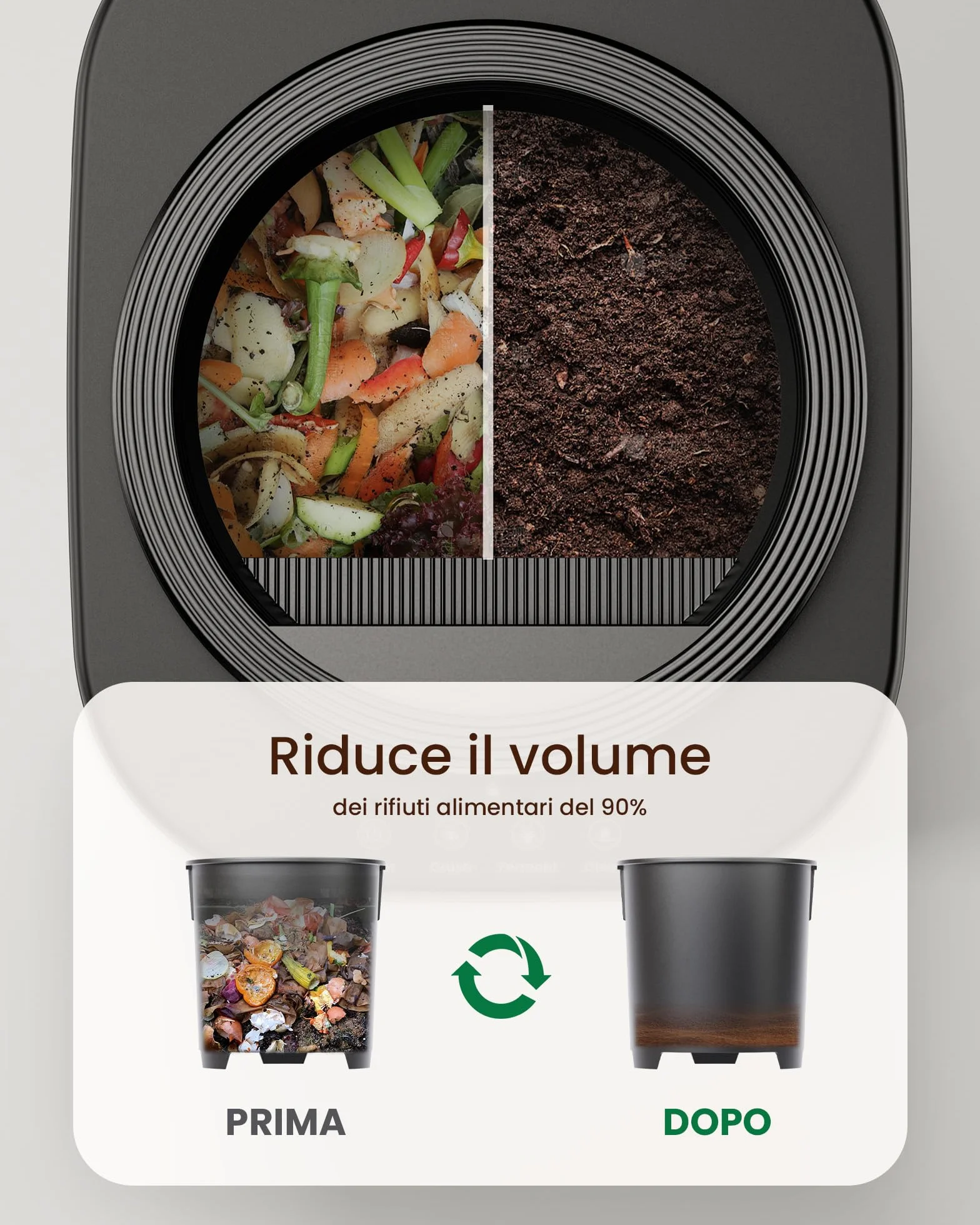 Composter Elettrico da Cucina 4L, Intelligente, Silenzioso, Autopulente, Trasforma Rifiuti in Fertilizzante, Nero