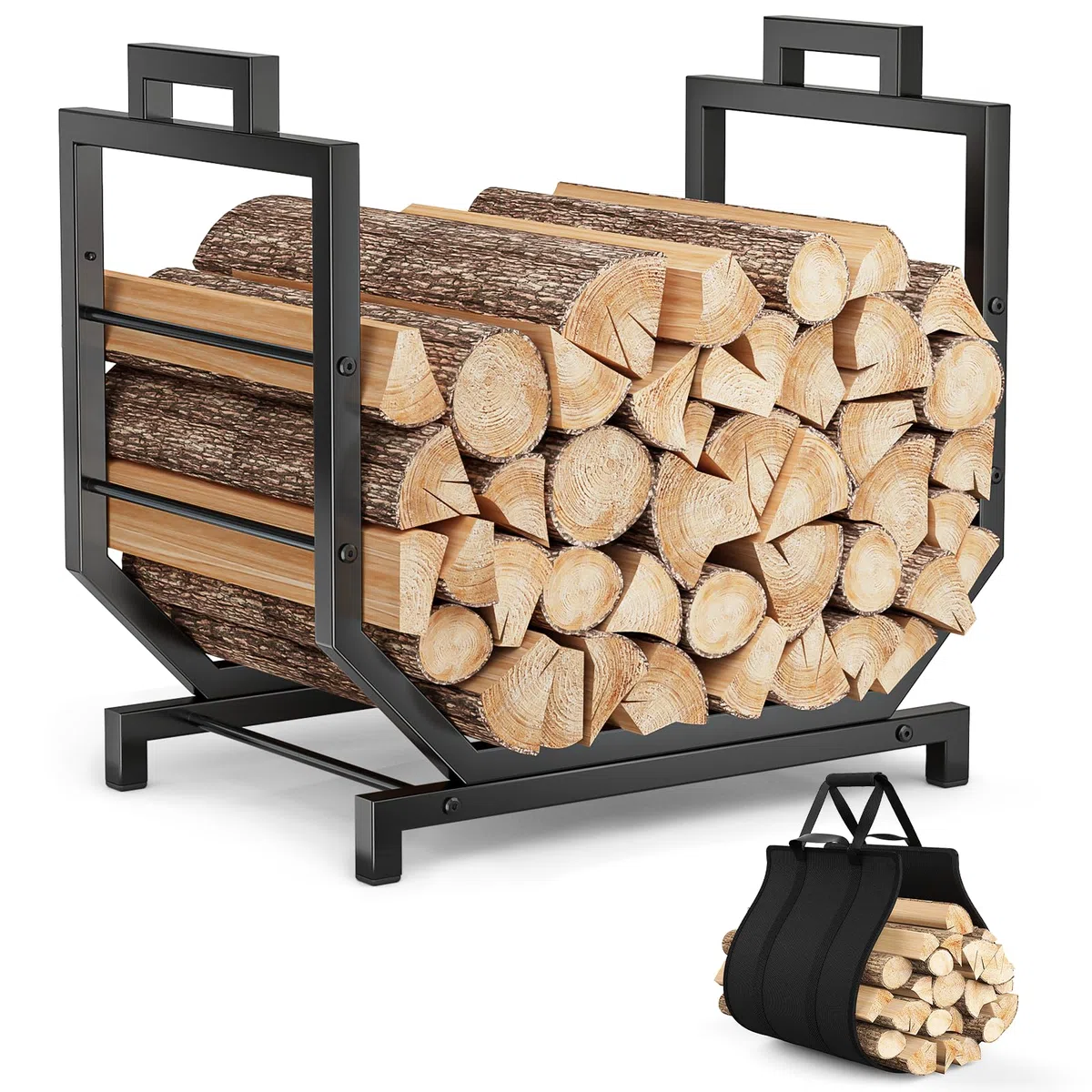 Portalegna Rinforzato Porta Legna da Interno Esterno Antigraffio Metallo 250lbs 4 Gambe con Sacchetto Trasporto per Camino 43x53x33.1cm Nero
