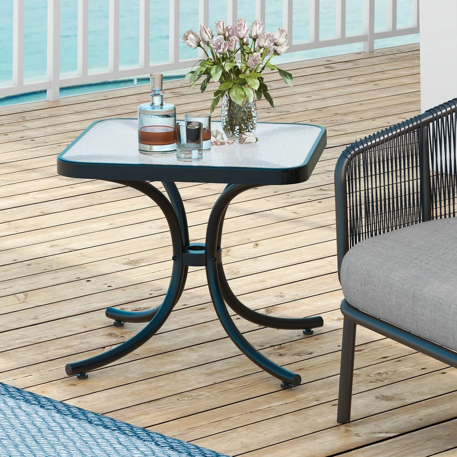 GIANTEX Tavolino da Giardino 50 cm, Tavolino Quadrato con Piano in Vetro Temperato, Struttura Metallica Resistente, Tavolino da Caffè da Esterno per Giardino, Balcone, Piscina, Nero