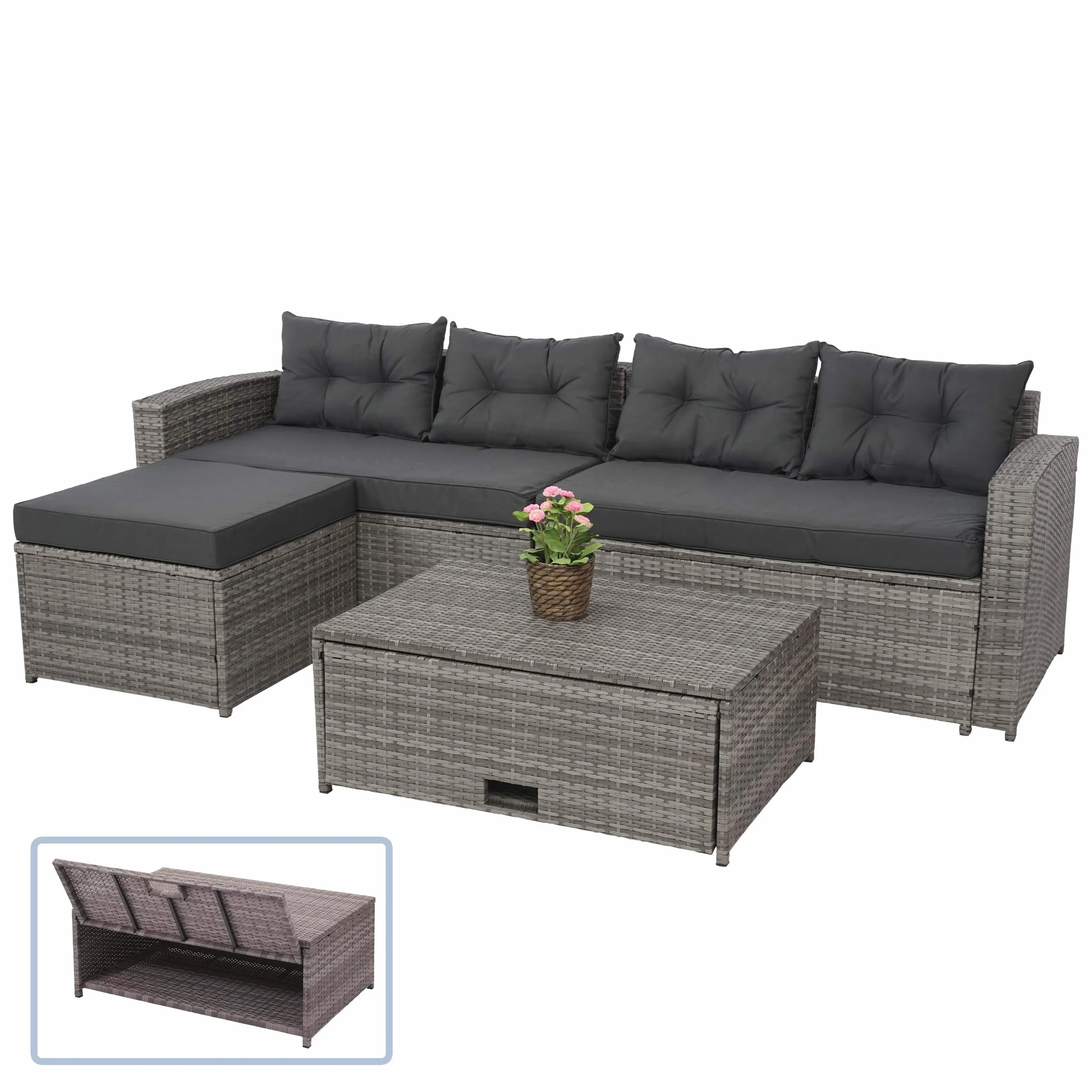 Mendler Set salotto giardino esterno salottino HWC-J34 polyrattan grigio con cuscini grigio scuro