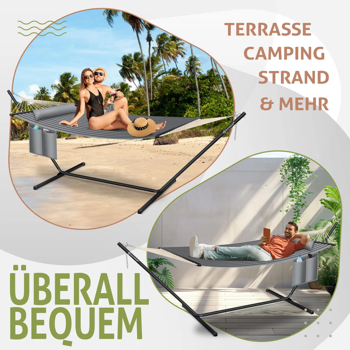 KESSER® Amaca con telaio e cuscino, Amaca doppia per 2 Persone, Portata 200 kg, Interno ed esterno, XXL, Sedia sospesa, Giardino, Piscina, Balcone, Terrazza - Grigio