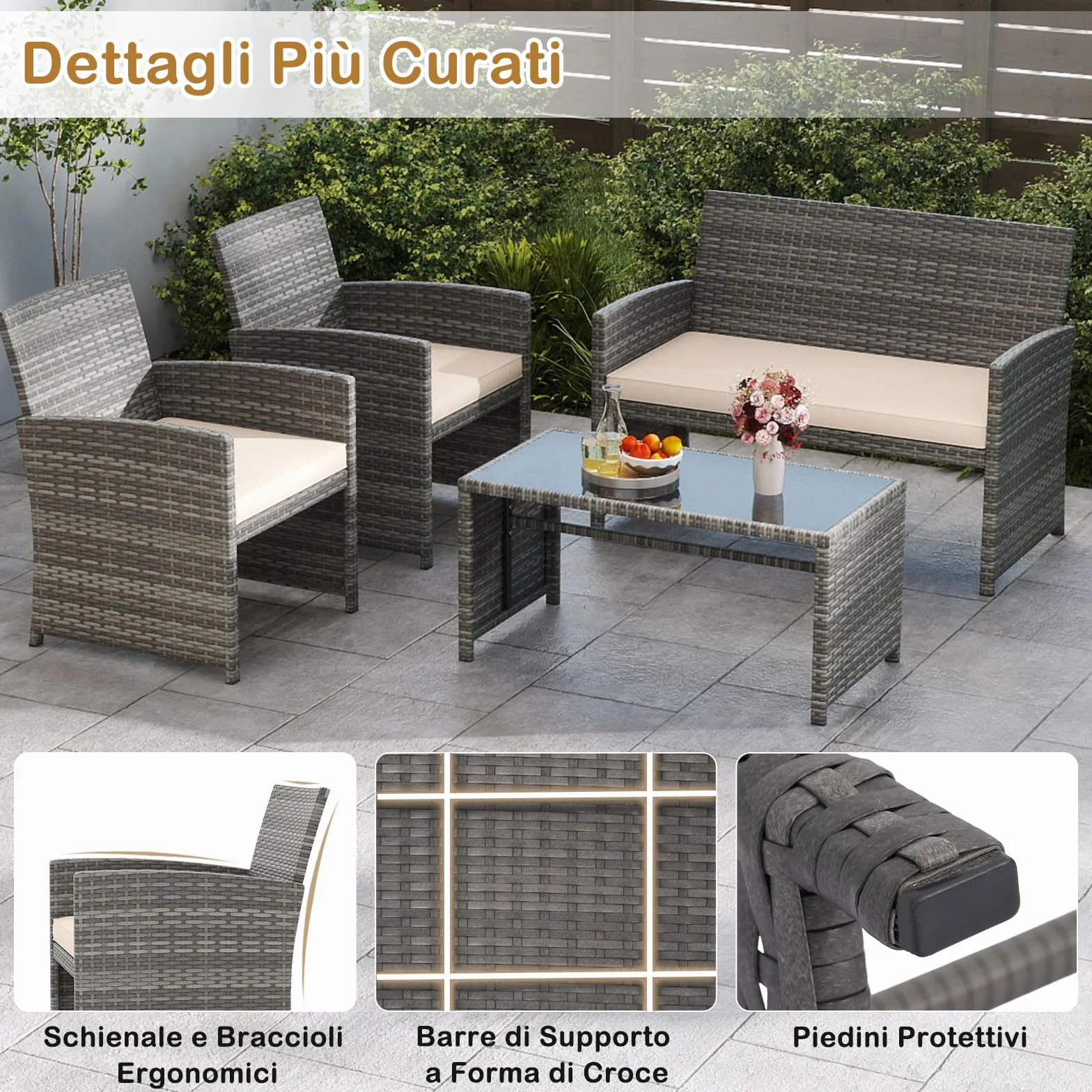 SOARS Set Mobili da Giardino in Rattan PE, Divano 2 Posti, 2 Poltrone, Tavolino Vetro, 4 Posti, Grigio+Bianco
