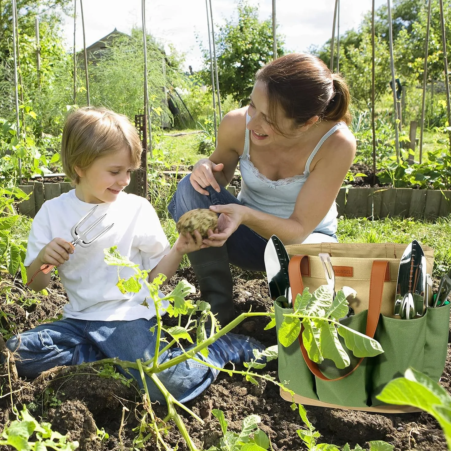 YAUNGEL Set di attrezzi da giardinaggio, 10 pezzi in acciaio inossidabile ad uso intensivo con manico in legno antiscivolo, strumenti da giardinaggio per donne e uomini, Verde