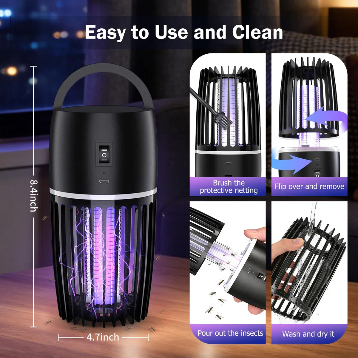 Lampada Antizanzare Elettrica UV 365nm, Ammazza Zanzare Elettrico 4000mAh, Zanzariera Elettrica da Interno ed Esterno, Lampada Antizanzare da Esterno e Interno, Anti Zanzare Silenzioso