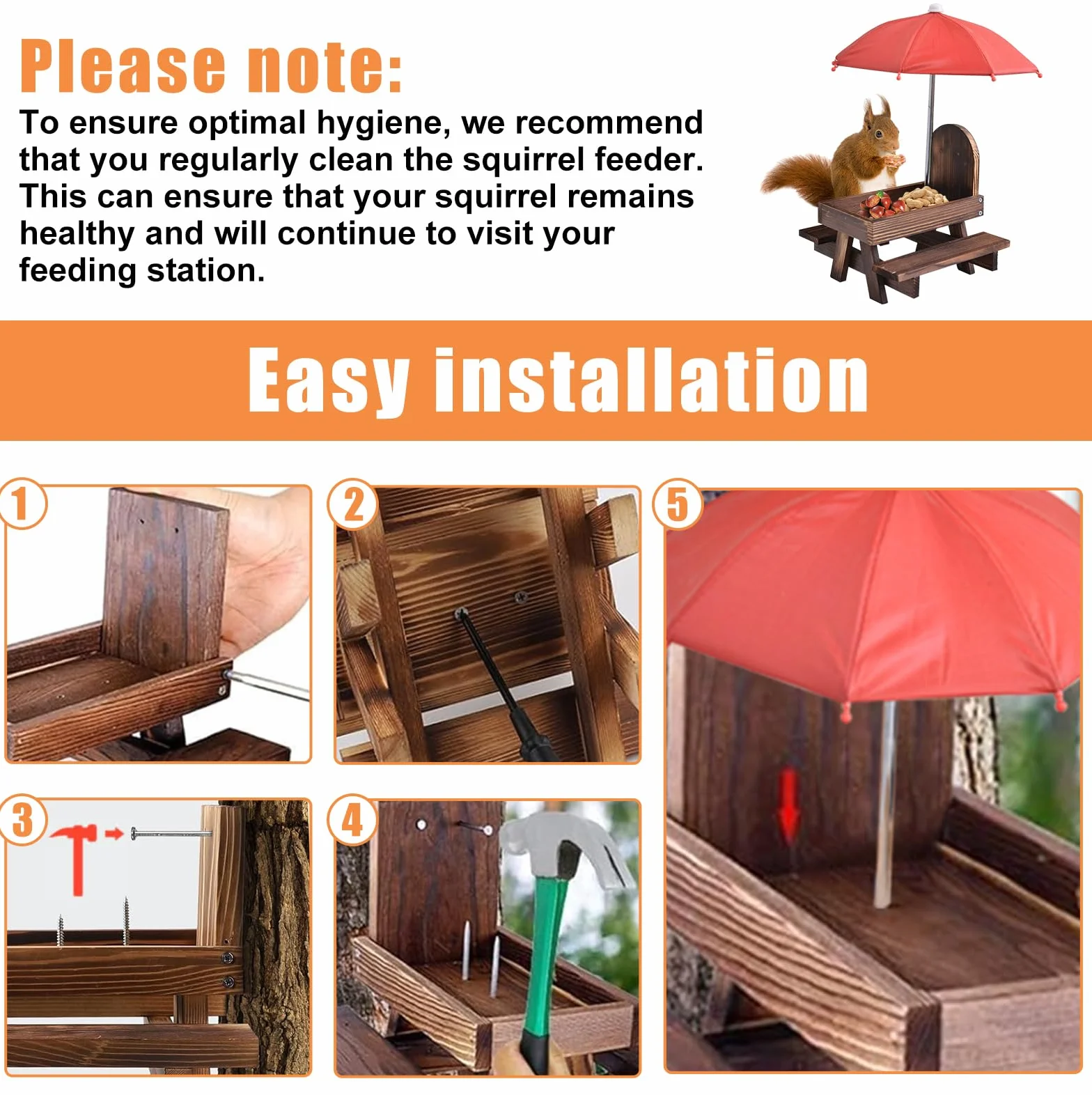 Scoiattolo casetta con ombrello: tavolo da picnic in legno con supporto per pannocchie, resistente alle intemperie, per scoiattoli Chipmunk Wildlife