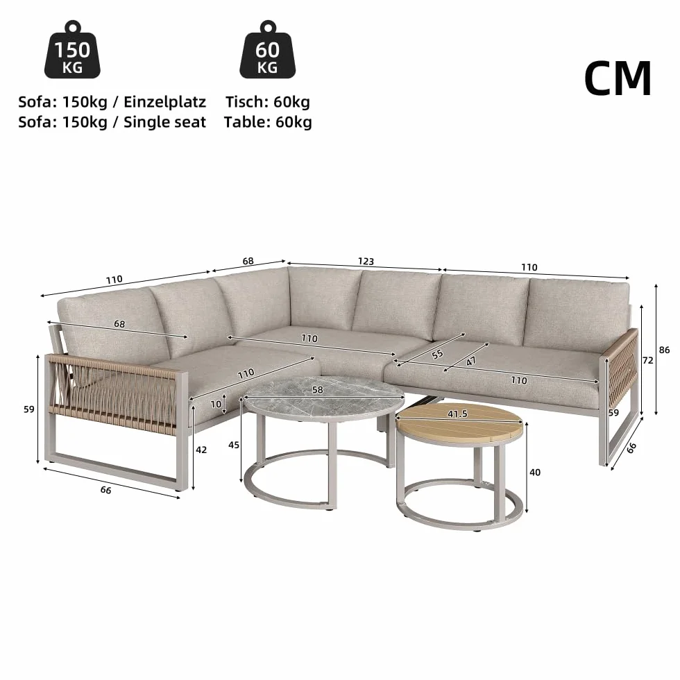 Set salotto da giardino, set di mobili per 6-7 persone, divano angolare con struttura in ferro zincato, gambe regolabili, compresi tutti i cuscini di seduta e schienale, beige