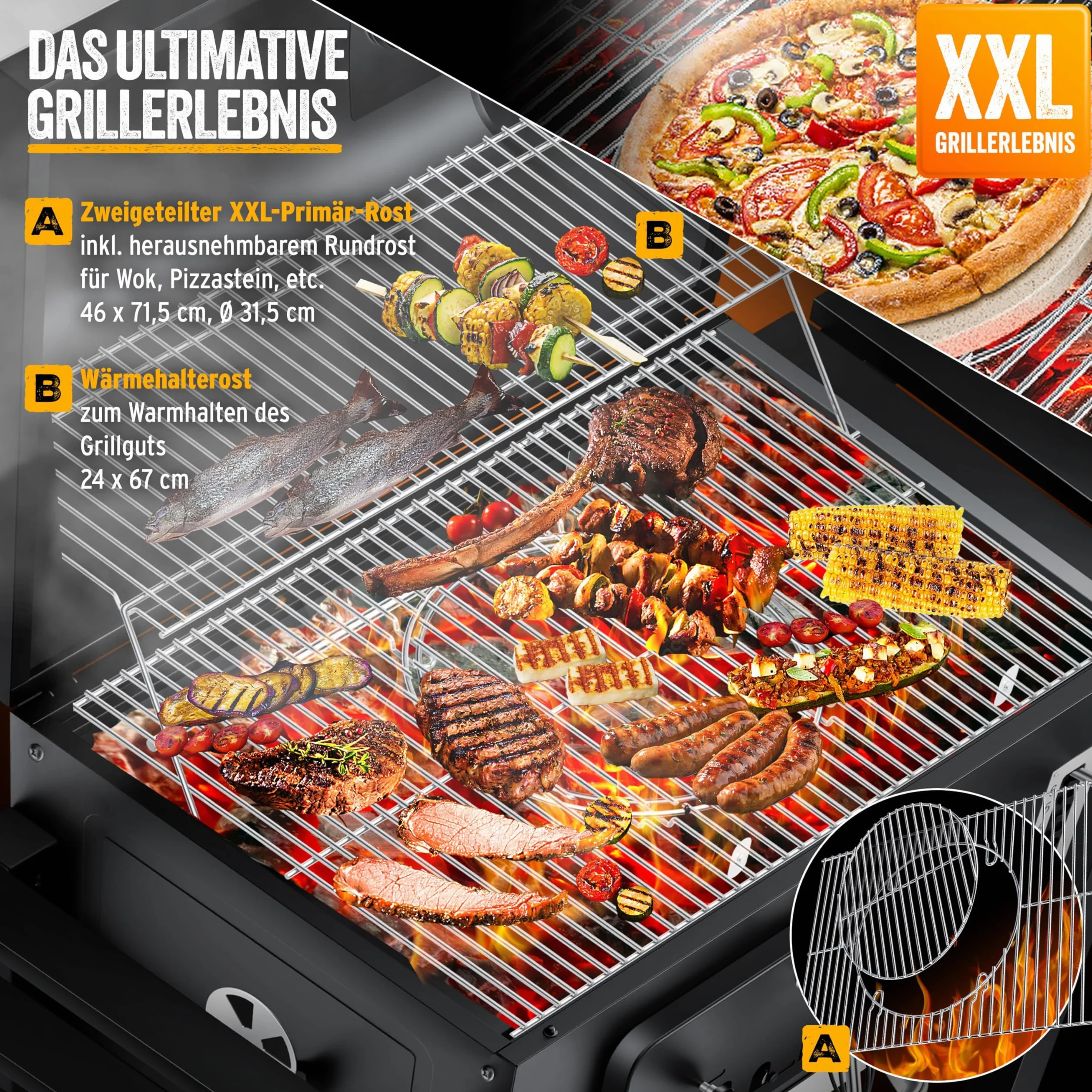 KESSER® Barbecue a carbonella XXL con Carrello, Coperchio, Acciaio Inox, Griglia e Termometro