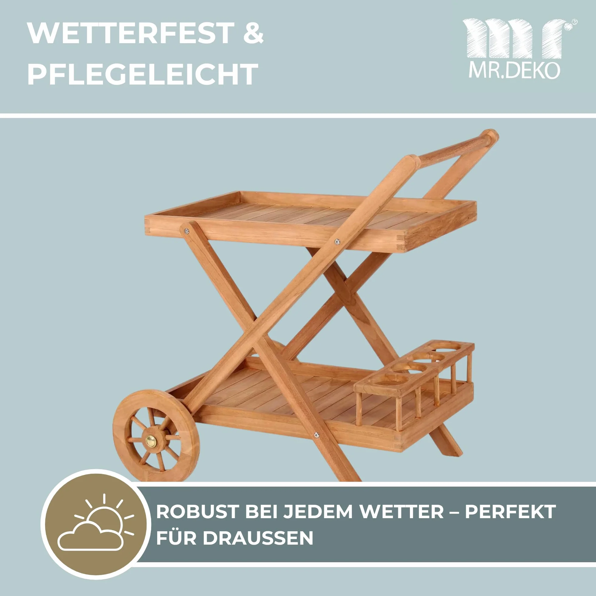 MR. DEKO® Carrello da portata Chester in teak – Tavolo da giardino – Mobili da esterno