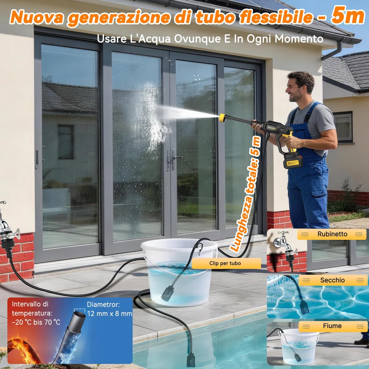 Idropulitrice a Batteria Portatile Professionale 5M Tubo Ugello 6 in 1 per Giardino Auto
